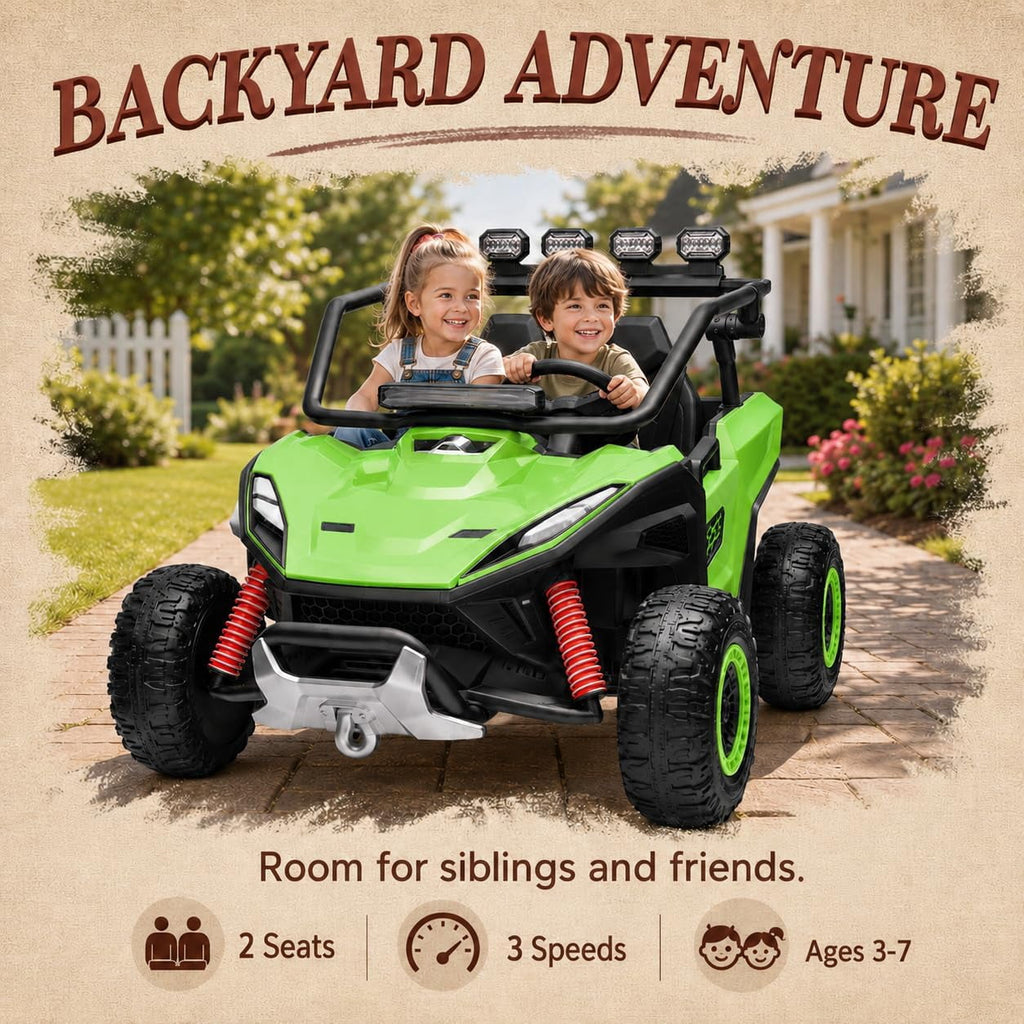 12V 2-Seater Electric UTV Ride-On Car, 4WD, Dual 40W Motors, 2.4G Parent Remote, 12V 7Ah Battery, 110 Lb Capacity,Green