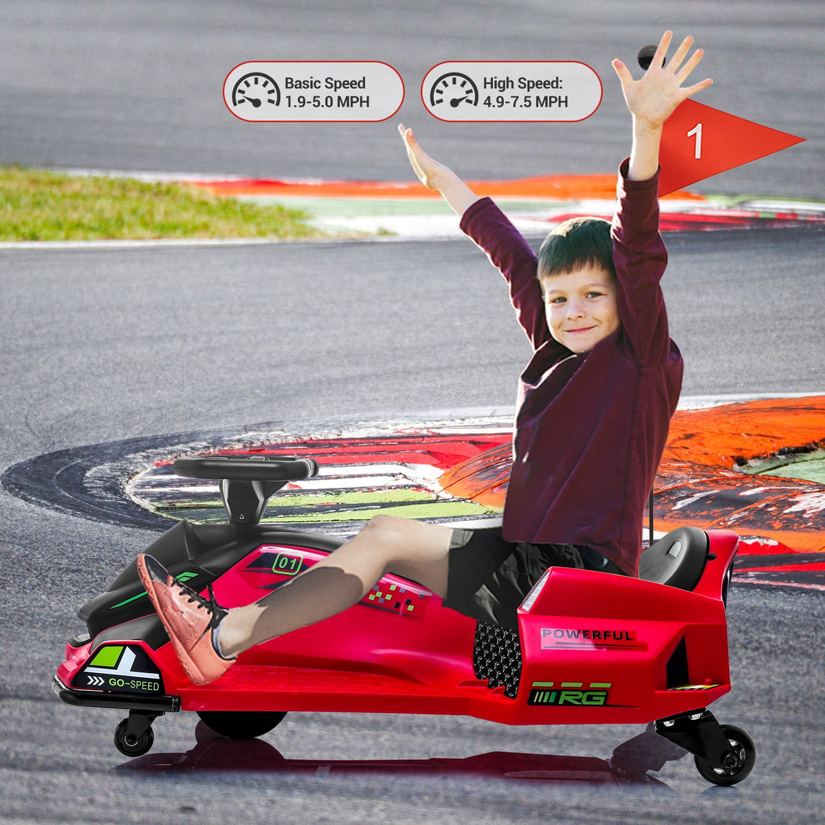 Ride On Drift Kart, Go Kart, Electric Go Kart 24V Drift Kart - 180W Brushless Motor, 7.5 mph Variable Speed, LED Light, Soft Start Battery Powered for Kids 8-12