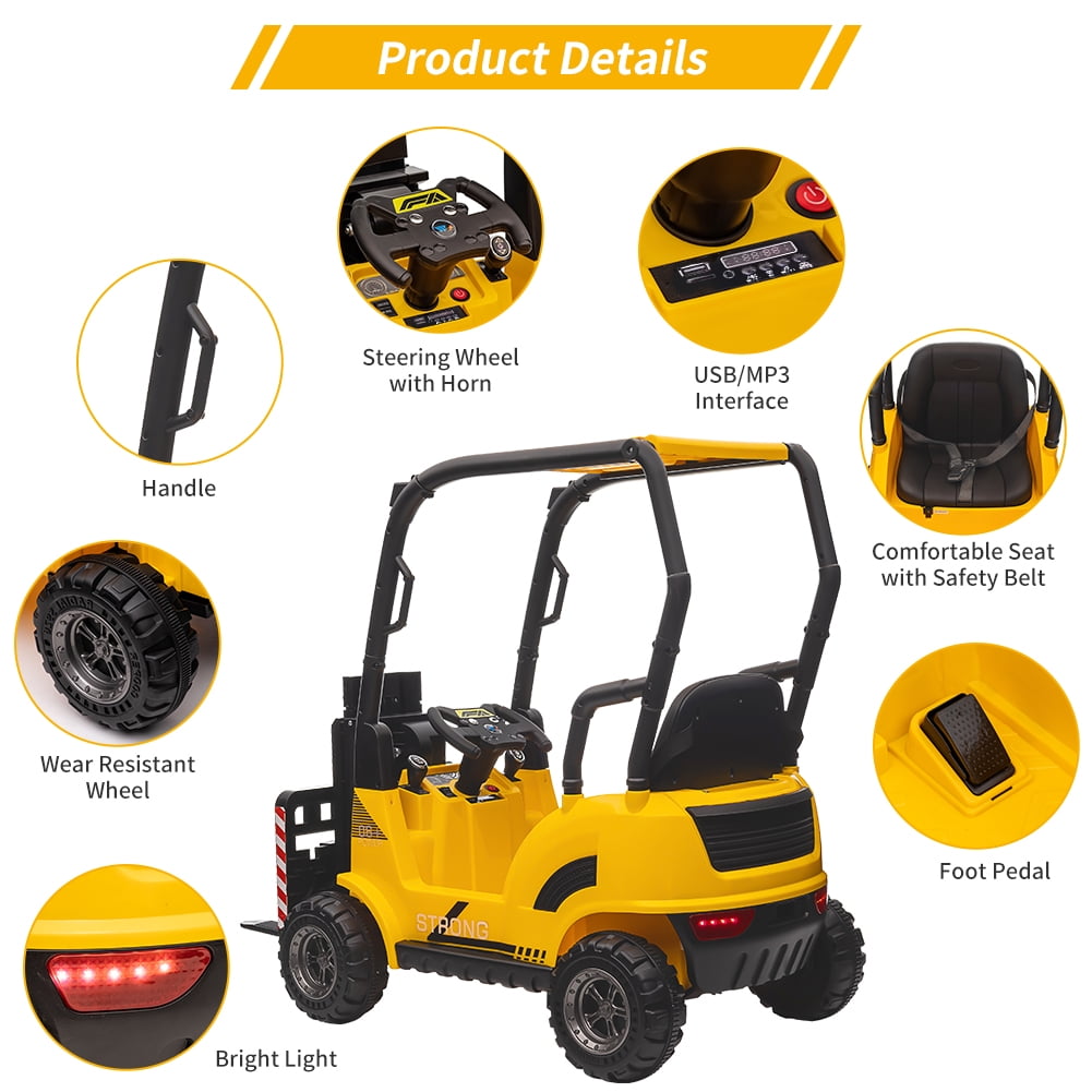 12V Kids Ride On Forklift Car with Tent and Remote Control – Liftable Fork & Pallet – Music, USB, MP3, Low Power Alarm, High/Low Speed – Construction Electric Vehicle Toy – Red
