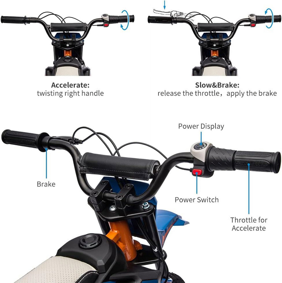 24V Electric Dirt Bike, 250W Brushed Motor, 13.6 MPH Max Speed, Chain Drive System, Disc Brake, Metal Spring Suspension, 12.6 Inch Pneumatic Tires, Leather Seat, 138 LBS Max Load,Blue