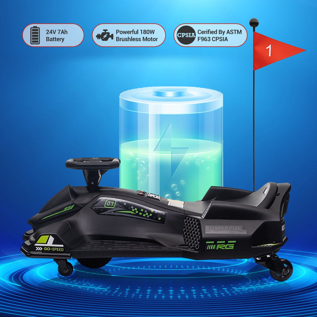Ride On Drift Kart, Go Kart, Electric Go Kart 24V Drift Kart - 180W Brushless Motor, 7.5 mph Variable Speed, LED Light, Soft Start Battery Powered for Kids 8-12