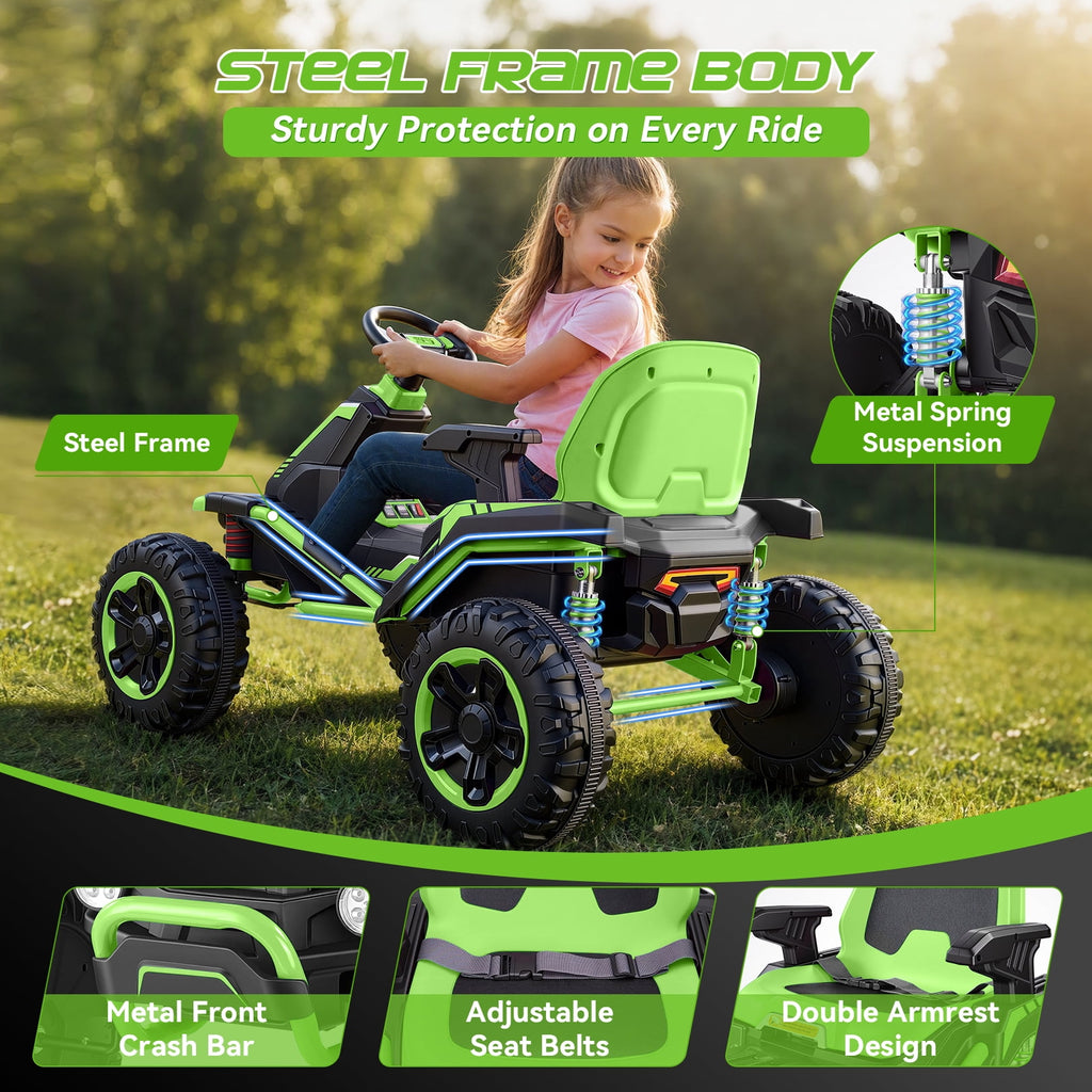 VIBESPARK 36V Ride on Toys for Big Kids Ages 6-12, 600W Ride on Cars up to 5.9 mph, Powerful 4 Wheeler Quad, Ride on ATV W/ Adjustable Seat, Ball-bearing Design, Power Display, Light Control, Green