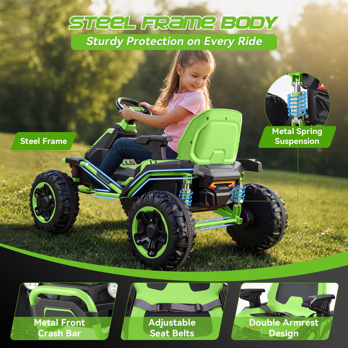 VIBESPARK 36V Ride on Toys for Big Kids Ages 6-12, 600W Ride on Cars up to 5.9 mph, Powerful 4 Wheeler Quad, Ride on ATV W/ Adjustable Seat, Ball-bearing Design, Power Display, Light Control, Green