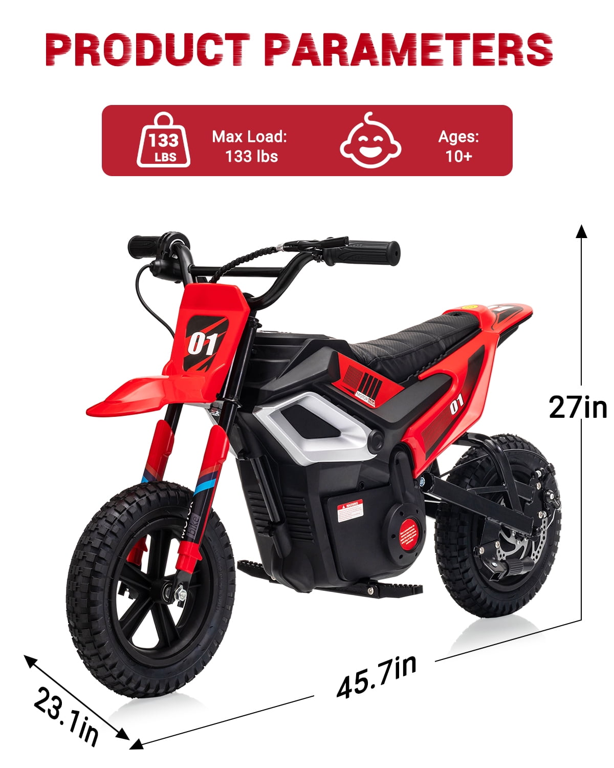 24V 350W Electric Dirt Bike for Kids - 13.7 MPH Max Speed, 12 Mile Range, Rear Suspension, Twist Grip Throttle, Key Start, Hand Brake - Built-in Music & wireless, Ride-On Motorcycle Toy, Red