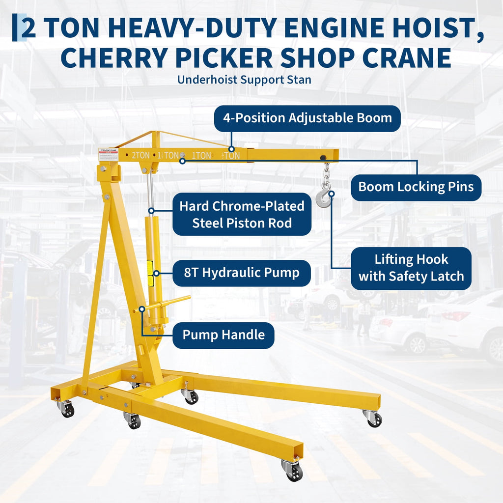 2 Ton Folding Hydraulic Engine Hoist & 3/4 Ton Underhoist Support Stand Set – Heavy Duty Steel Shop Crane, 4-Position Boom, High Reach for Automotive Engine Work, Orange (RAL2004)