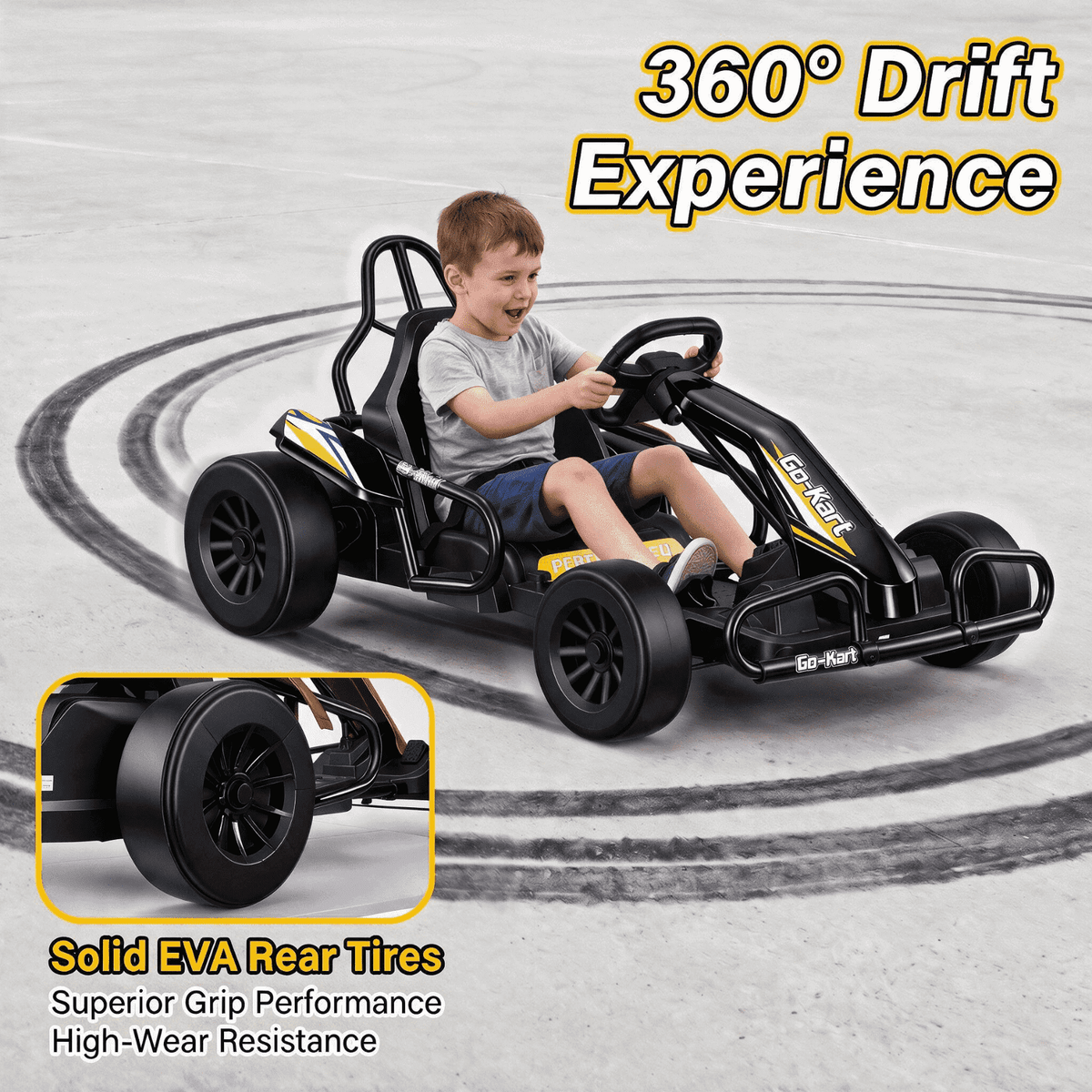 VIBESPARK Drift Go Kart, 24V 10AH Electric Go Kart for Kids Ages 6-14, 360° Drift Mode, Ride On Car with Backrest & Adjustable Seat, 300W Dual Motors, Max Speed 7.5mph/h, Blue