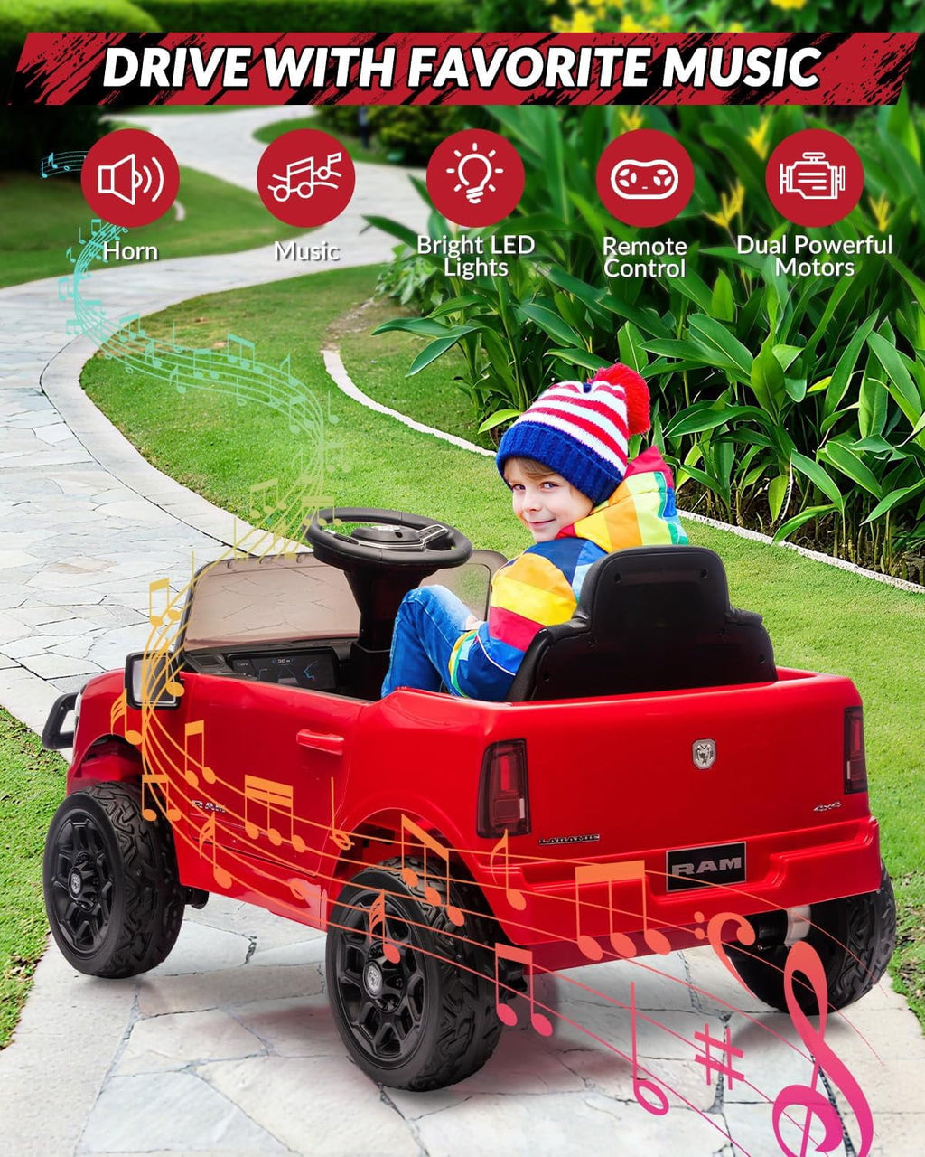 12V Licensed RAM Ride-On Pickup Truck, Electric Ride-On Car with Remote Control, 4-Wheel Suspension, Double Doors, LED Lights, Music, USB & AUX