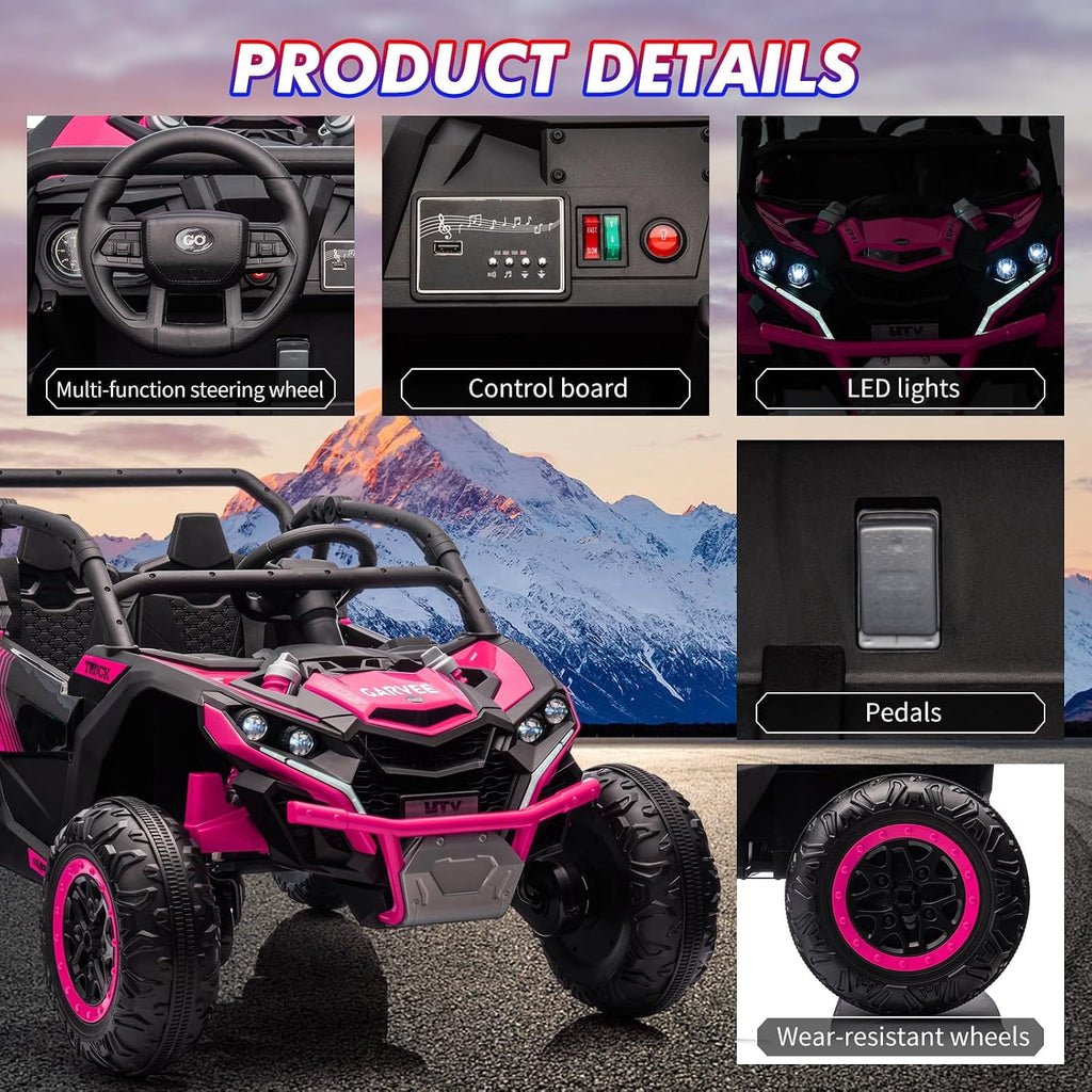 24V 2-Seater Ride On UTV for teens. Remote Control. 4x200W Motors. Bluetooth Music. LED Lights. 3 Speeds. . Safety Belt. All-Terrain Electric Vehicle,Rose Red