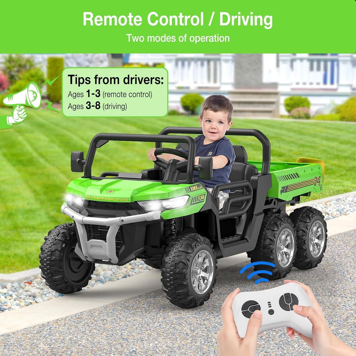 24V 4WD Electric Ride-On Dump Truck for , 2-Seater UTV with Remote Control, Bluetooth Music, Seatbelts, LED Lights, Mobile Phone Connectivity, Double Seat 6 Wheel Truck for Ages 3-8,Green