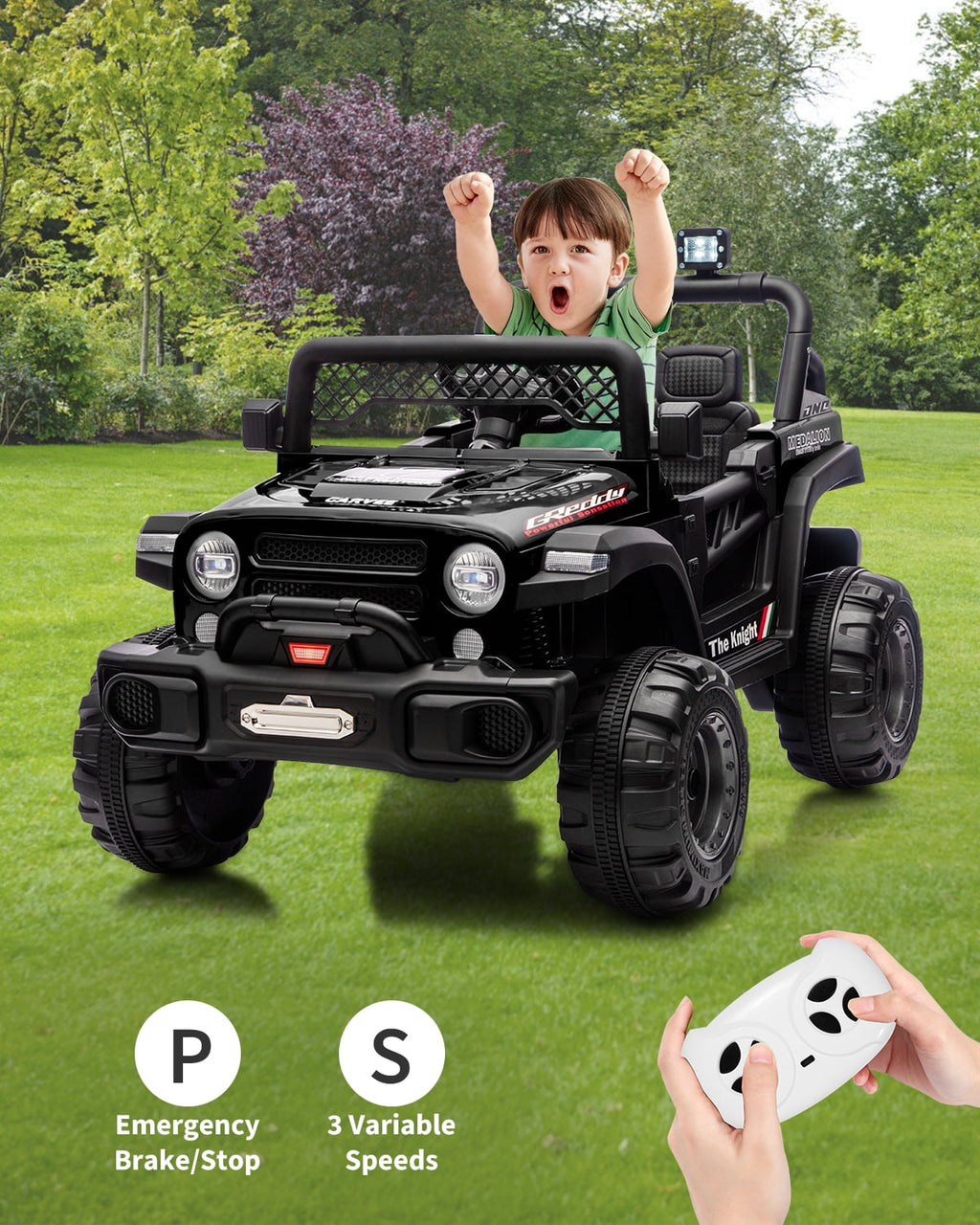 12V Kids Ride-On Truck – Dual 550W Motors, Remote Control, 3-Speed up to 6MPH, Spring Suspension, LED Lights, Music, Safety Belt, Storage – Electric Toy Car for Kids Ages 2-8 – Black