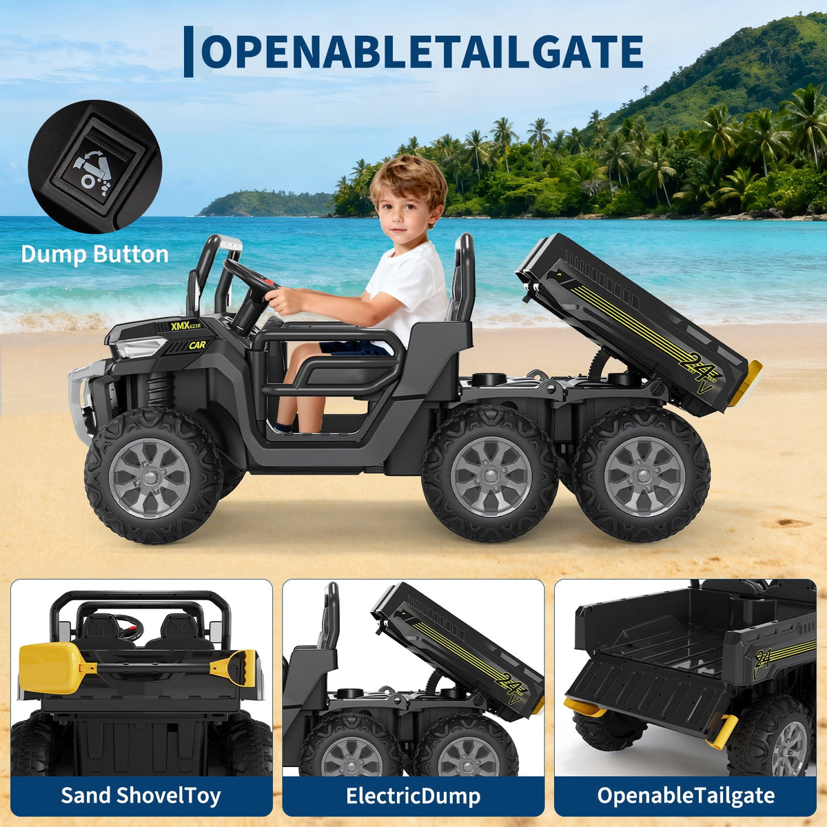 24V 2-Seater 6-Wheel Electric Dump Truck Ride-On for Kids – 4WD UTV Car, Remote Control, Electric Dump Bed, Music, Horn, Industry Standard/CPSIA Certified, Power Ride-On Toy for Boys & Girls