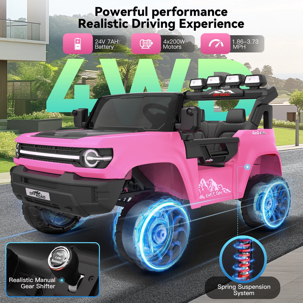 Farmdex 24V Ride on Toys with Remote Control, 2 XL Seater Electric Truck Car for Kids w/ 22'' Large Seat, 4WD/2WD Switchable, Powered Ride on Cars w/ Bluetooth, LED Lights, 3 Speeds, 4 x 200W, Pink