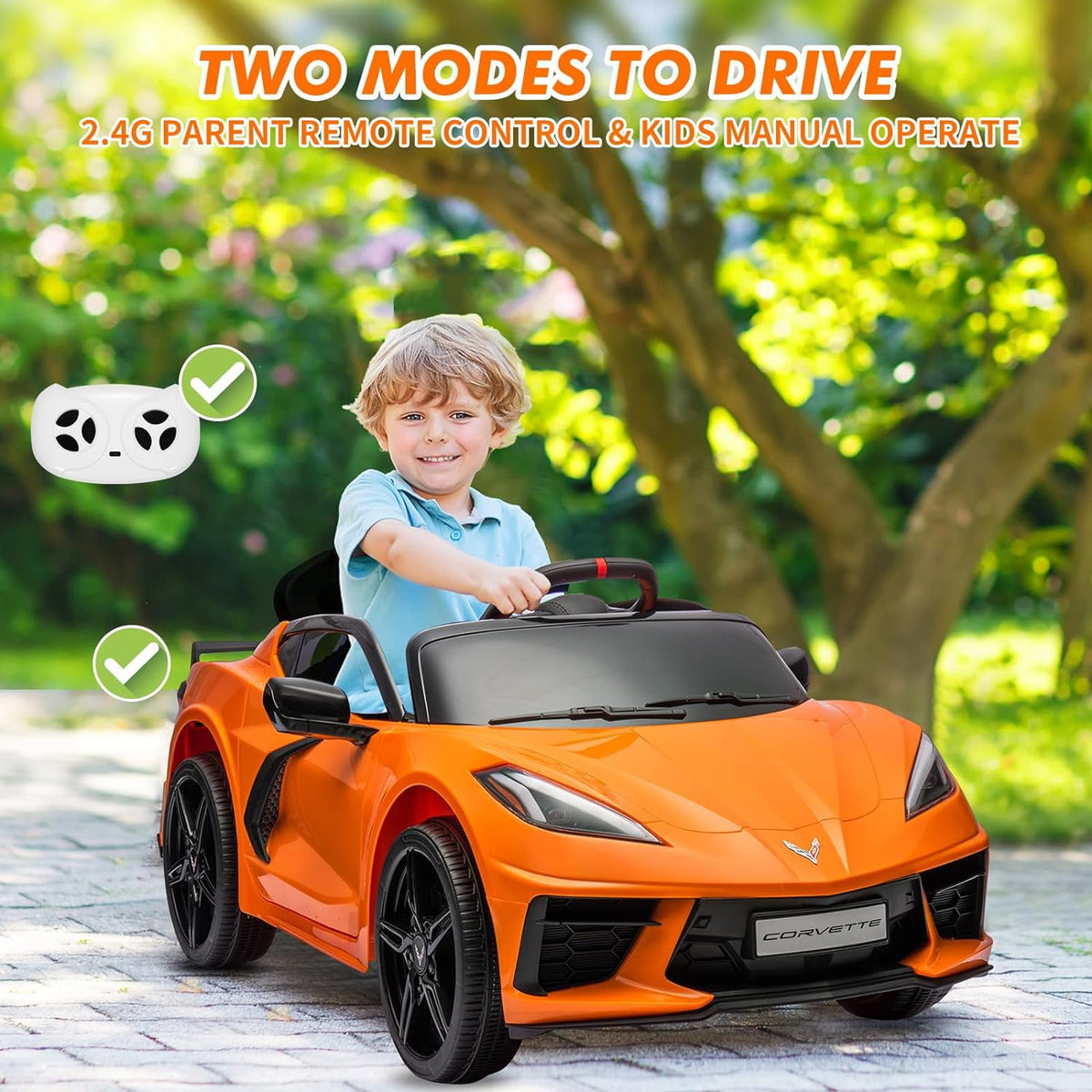 12V Licensed Corvette C8 Ride-On Electric Sports Car, Dual 30W Motors, Remote Control, LED Lights, Music, Openable Doors, 66 lbs