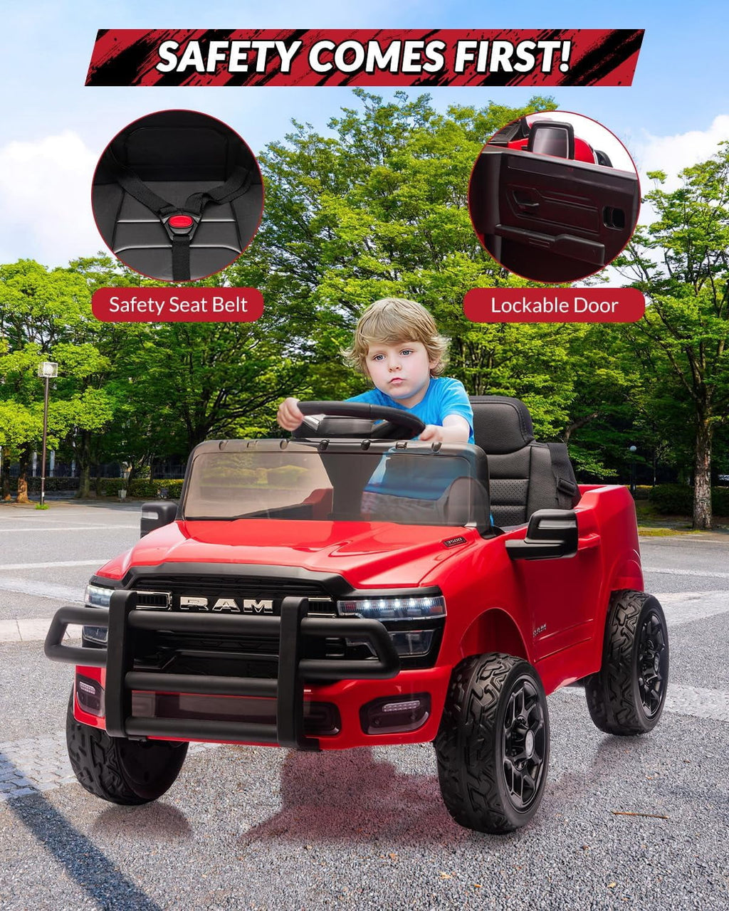 12V Licensed RAM Ride-On Pickup Truck, Electric Ride-On Car with Remote Control, 4-Wheel Suspension, Double Doors, LED Lights, Music, USB & AUX