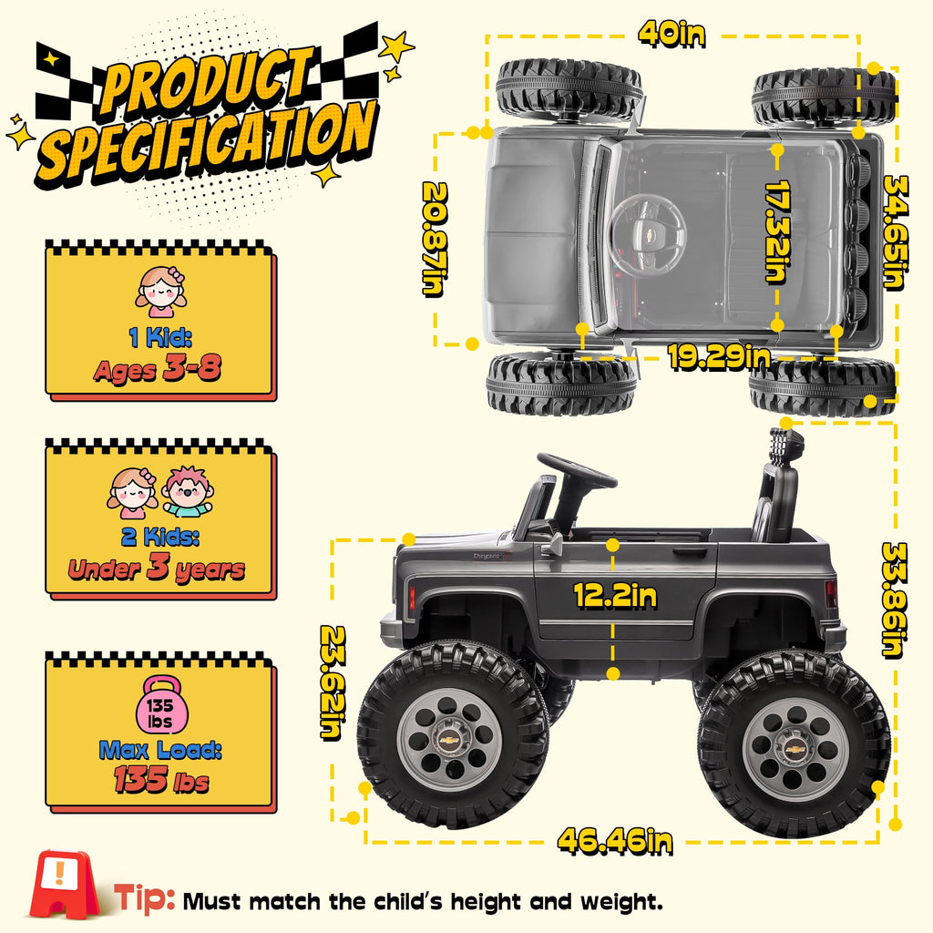 Sunnyfree Upgraded 4WD Chevrolet Cheyenne 24 Volt Ride on Toys, Electric Car for Kids, Power Truck Wheels with Remote, Bluetooth, USB, LED Lights, Black