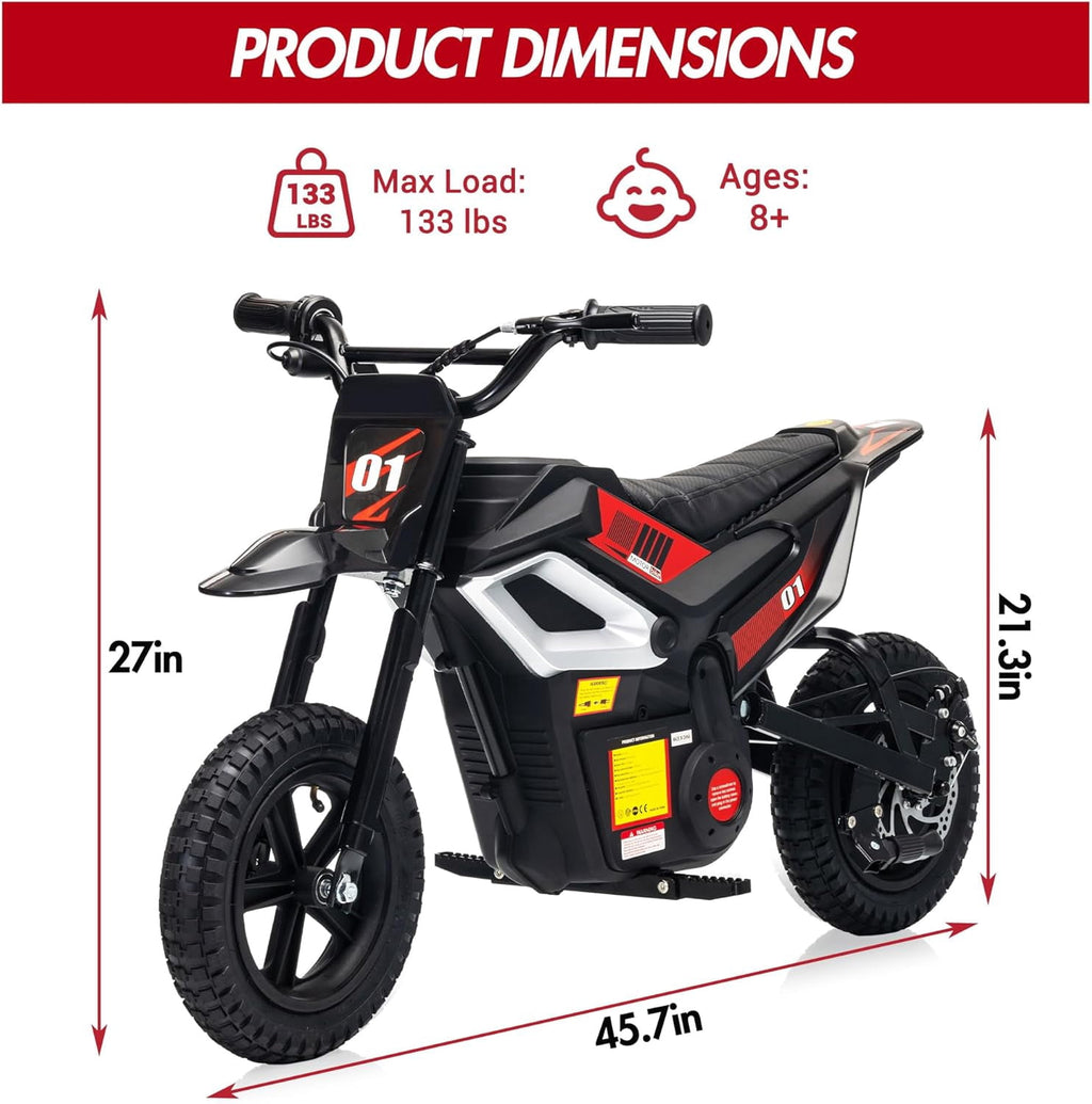 24V Electric Dirt Bike, 350W Ride-On Motorcycle with Rear Suspension, Twist-Grip Throttle, 12-Inch Rubber Tires, 13.67 MPH, 132 Lbs