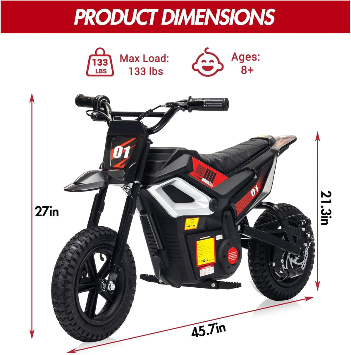 24V Electric Dirt Bike, 350W Ride-On Motorcycle with Rear Suspension, Twist-Grip Throttle, 12-Inch Rubber Tires, 13.67 MPH, 132 Lbs