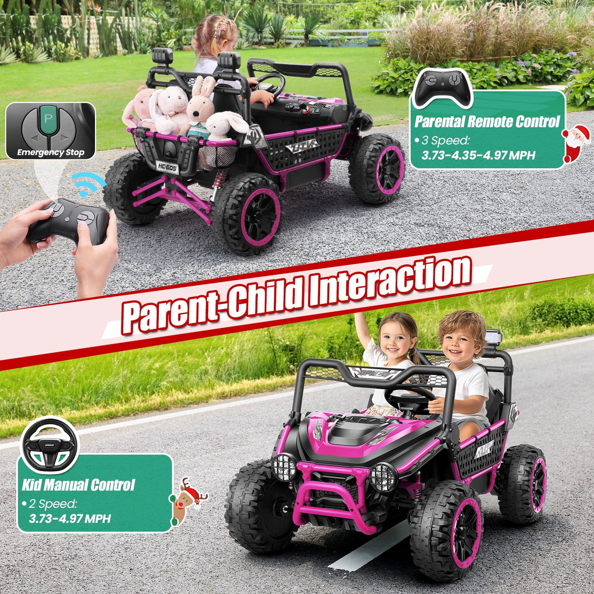 VIBESPARK XXL 24V Ride on Toys for Big Kids Ages 3-8, Key Start Metal Frame UTV with Power Display, 7AH Ride on Cars w/ 150W Motors, Bluetooth, Volume Knob, Safety Belt, Max 5mph, Pink