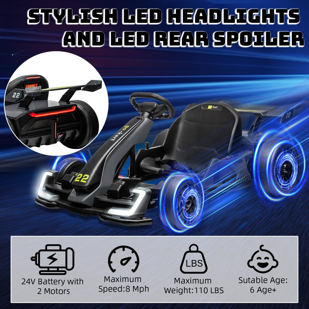 TROPOW Kids Cars Electric Ride On,24V Kids Go Kart,300W Powerful Electric Drift Kart Car with Adjustable Seat,IDE On Toy with 4 Speed Mode,Brake Pedal for Age 6-12,Christmas Gift for Kids,Gray