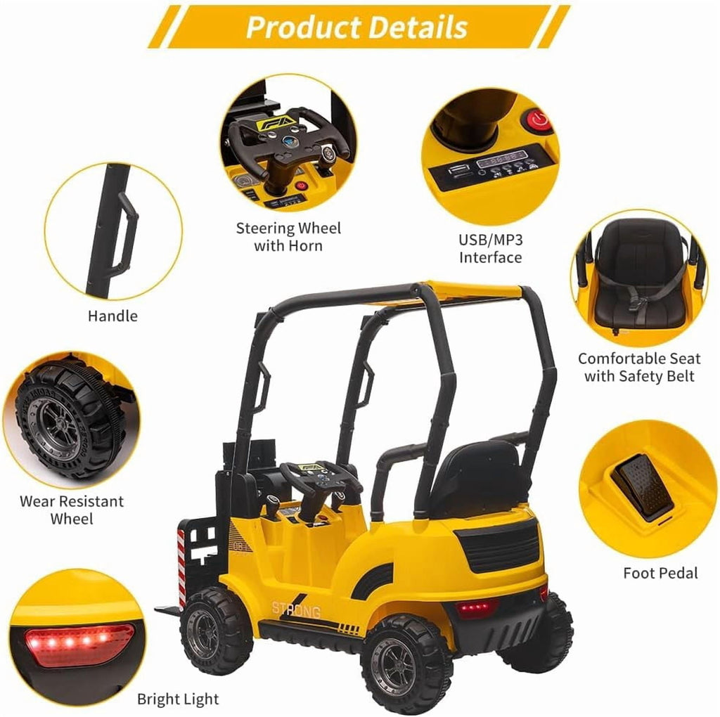 12V Electric Ride On Forklift Car with Remote Control, Liftable Fork & Pallet, 2 Speed Modes, Music, USB/MP3 Port, Safety Belt, Indoor Outdoor Vehicle