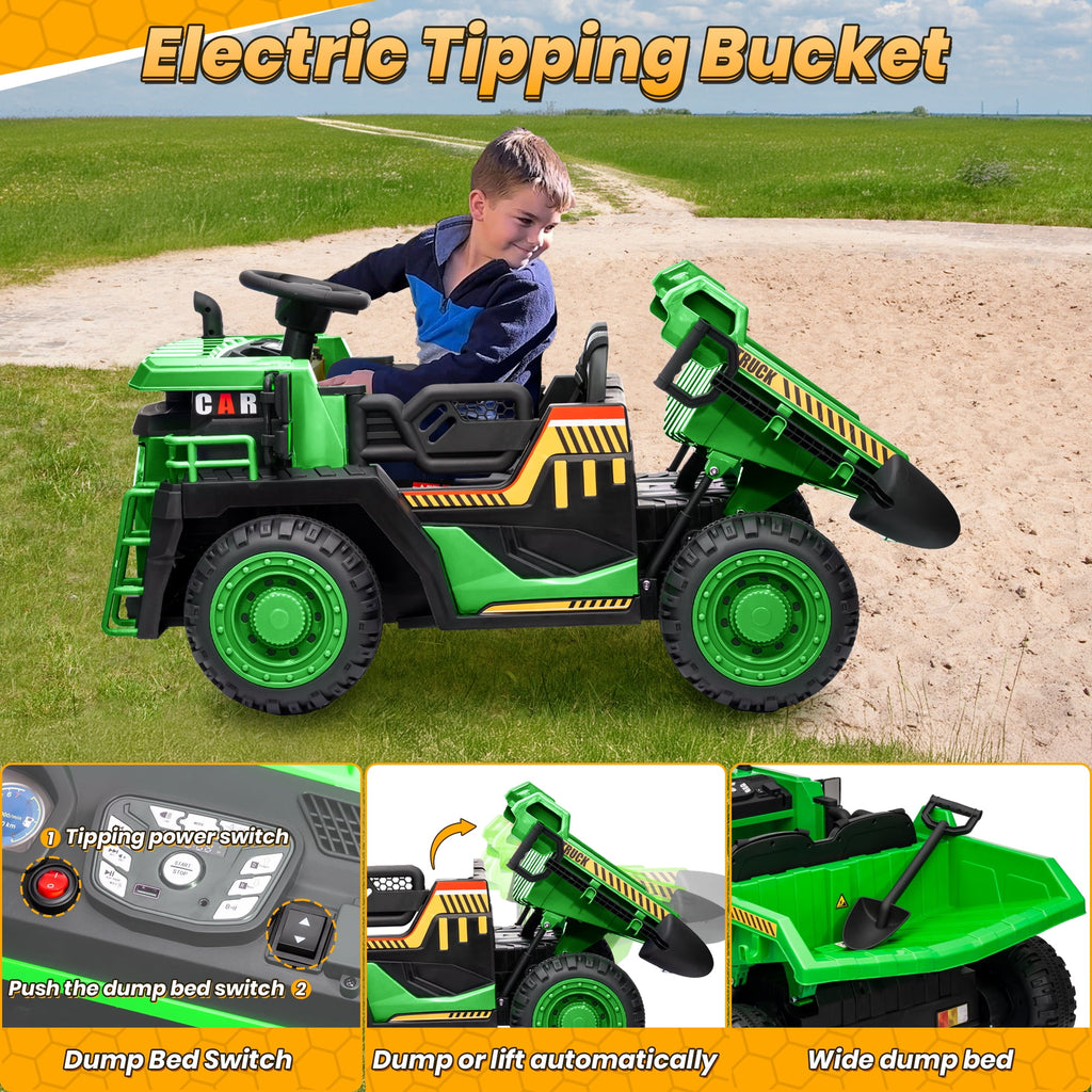 24 Volt Ride on Toys w/ Remote Control, 2*200W Strong Motor, Electric Powered Ride on Dump Truck with Shovel, 3 Speeds, LED Lights, MP3/USB Music, Blue