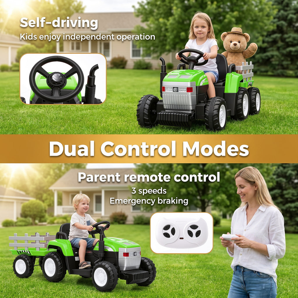 Farmdex 24V Ride on Tractor with Detachable Trailer, Ride on Toys for Kids w/ Remote Control, Electric Cars for Kids, LED Lights, Bluetooth, Music, MP3, Green