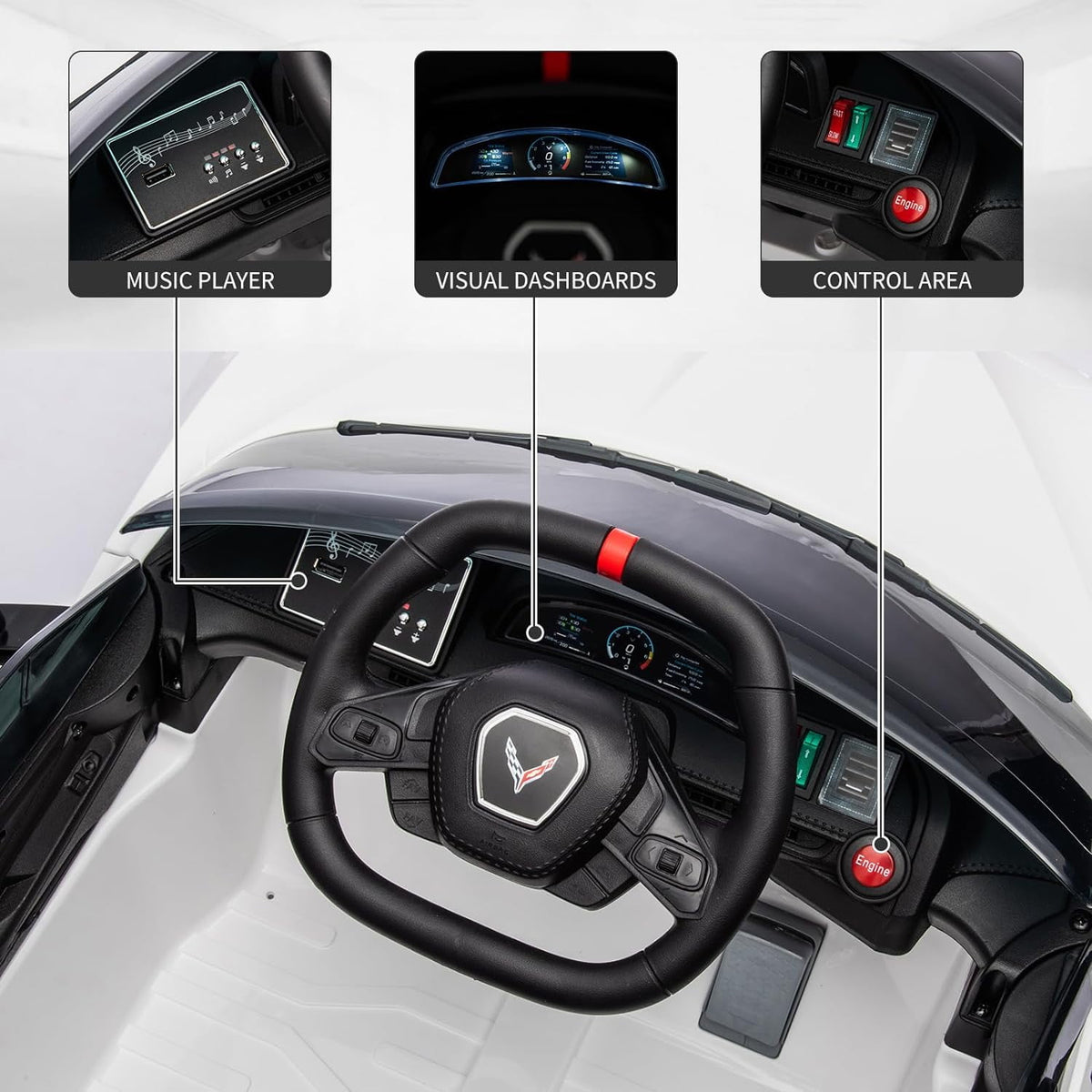 12V Licensed Corvette C8 Ride-On Electric Sports Car, Dual 30W Motors, Remote Control, LED Lights, Music, Openable Doors, 66 lbs