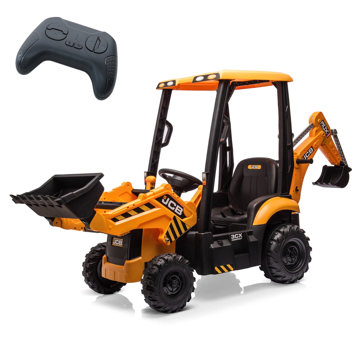 4 in 1 Ride on Excavator & Bulldozer, 12V Kids Electric Vehicle with Remote Control, Front Loader, Digger, Horn, Adjustable Seat, Excavator Ride on Car Toy, White