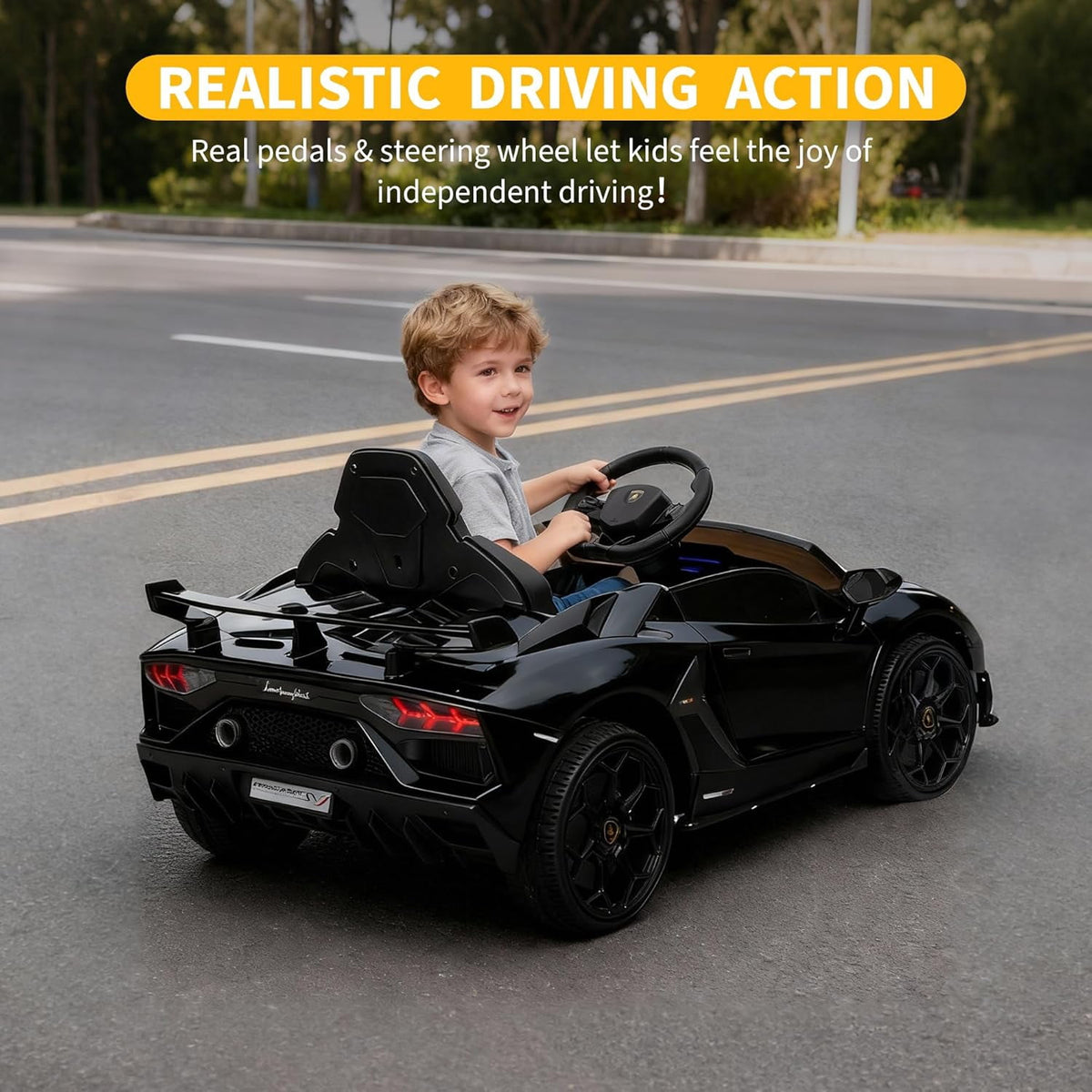 12V Licensed Sports Car Ride On Vehicle with Remote Control, Electric Ride On Car with Bluetooth, Hydraulic Swing Doors, LED Lights, Dual 25W Motors, USB/AUX/TF Audio