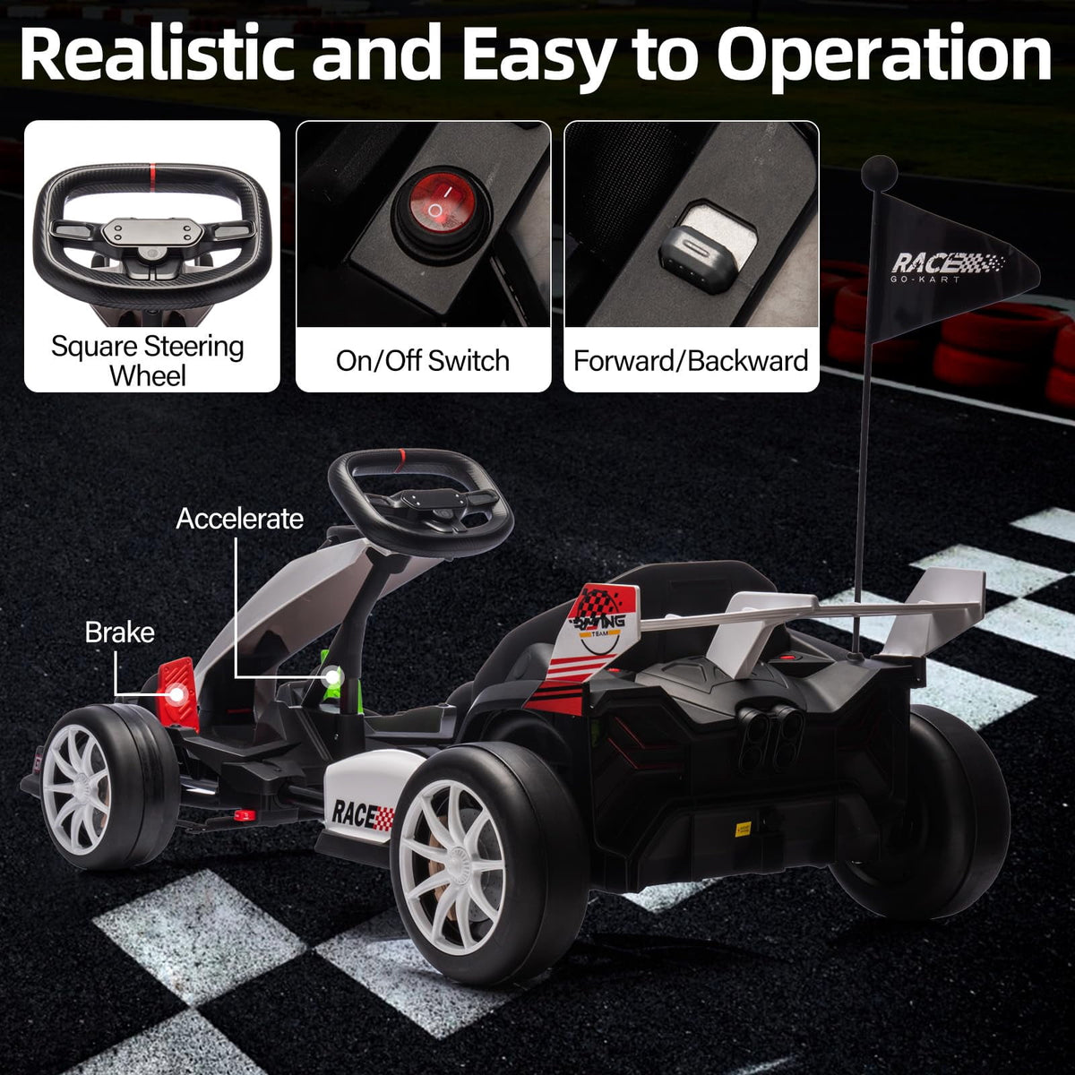 24V Kids Ride-On Go Kart, 7.5MPH High-Speed Drifting Car, Dual 200W Motors, 7Ah Battery, Adjustable Length, Max Load 135lbs, Power Display Racing Toy for Children 6+, Green