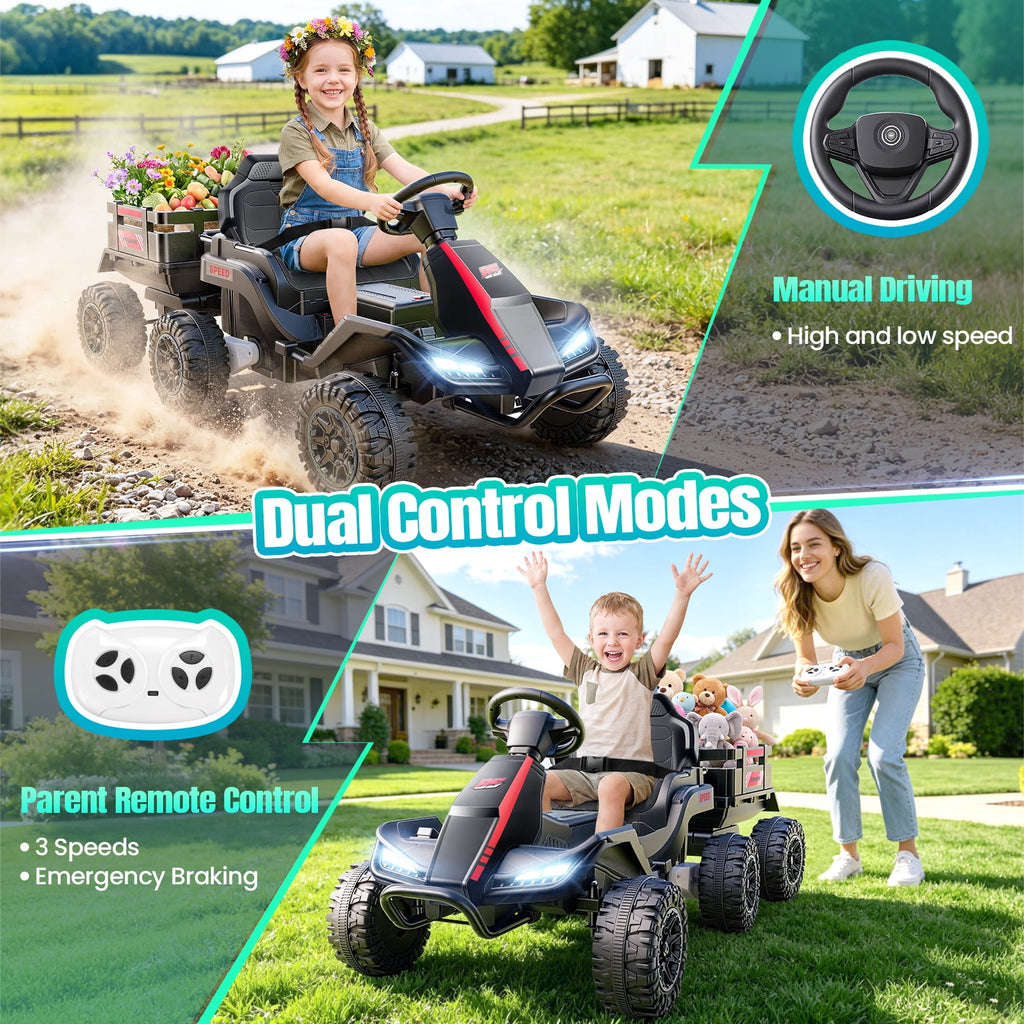 VIBESPARK 24V Ride on Toys with Remote Control, 3 in 1 Ride on Car, Ride on Tractor for Kids with Trailer, 6 Wheel Kids Electric Car w/ Bluetooth, MP3, Music, Green
