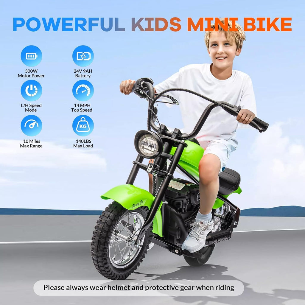 24V Electric Dirt Bike, 300W Chain-Driven Motor, Up to 15 MPH, 2-Speed, 10-Mile Range, 12" Air-Filled Rubber Tires, Leather Seat, Hand Brake, LED Lights, 150 Lbs