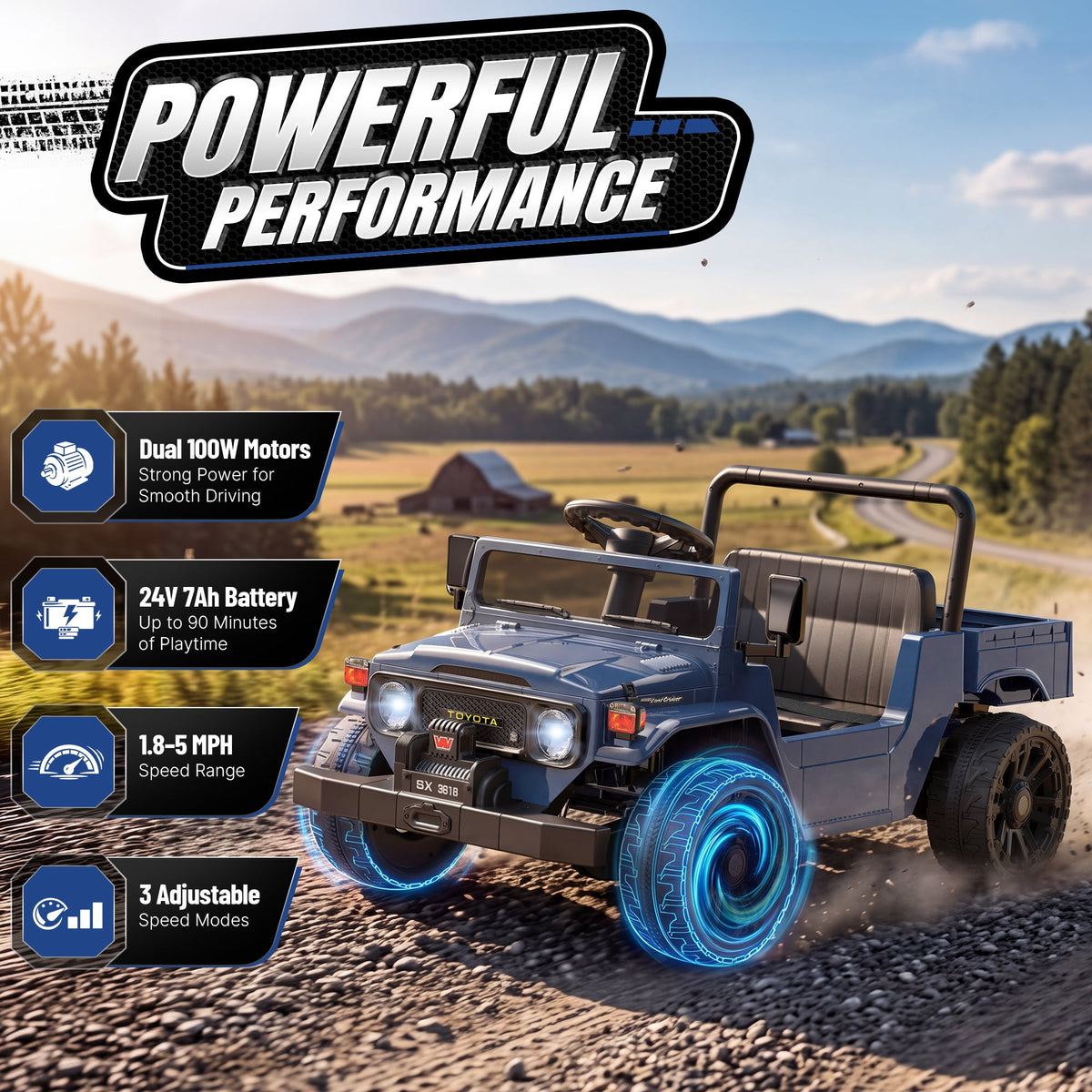 24V Ride On Dump Truck for Kids, Licensed Toyota Land Cruiser FJ45 Power Car Wheels Ride On Toy with Electric Dump Bed, Parent Remote Control, Music, LED Lights, Birthday Gift for Kids Ages 3-6, Blue