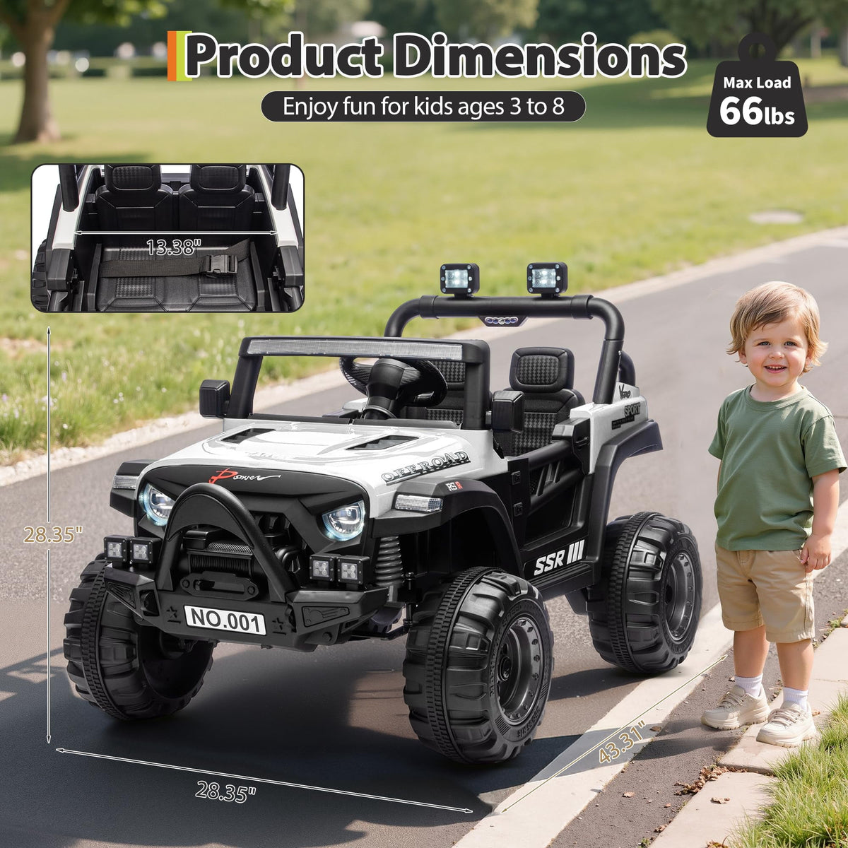 12V Kids Electric Ride-On Car – Parent Remote Control, 3 Speeds, Safety Locking Doors, 3-Point Harness, Spring Suspension, wireless Music, LED Lights, Anti-Slip Tires, Foot Brake, Battery Powered Toy