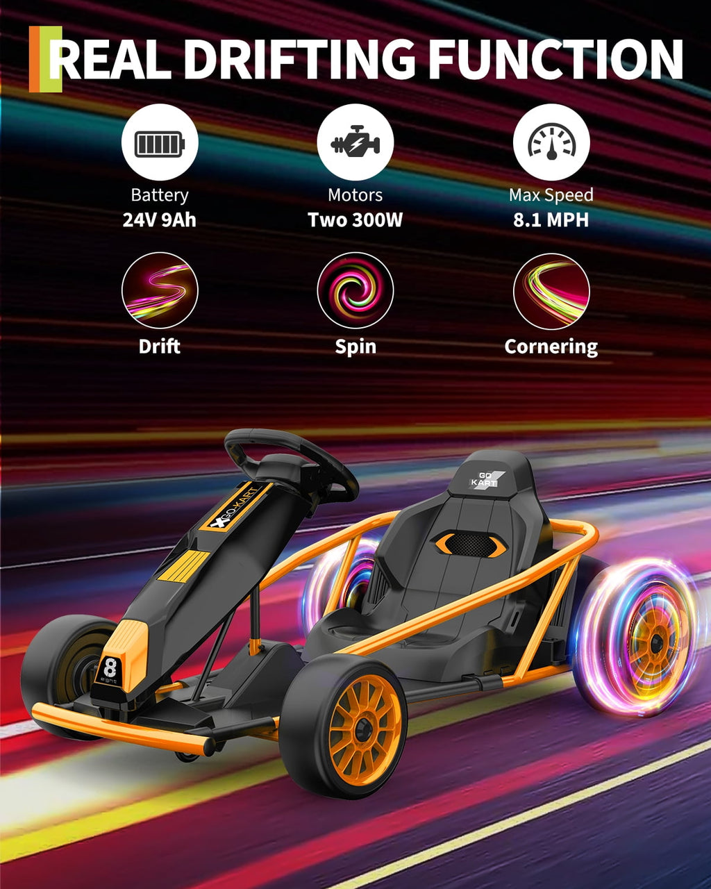 24V Electric Go Kart for Kids 8-12 - Dual 300W Motors, 9Ah Battery, 8MPH High-Speed Drifting, Slow Start, Full Metal Frame, Music, Horn, Power Display, Max Load 155Lbs, Ride-On Toy - Brown