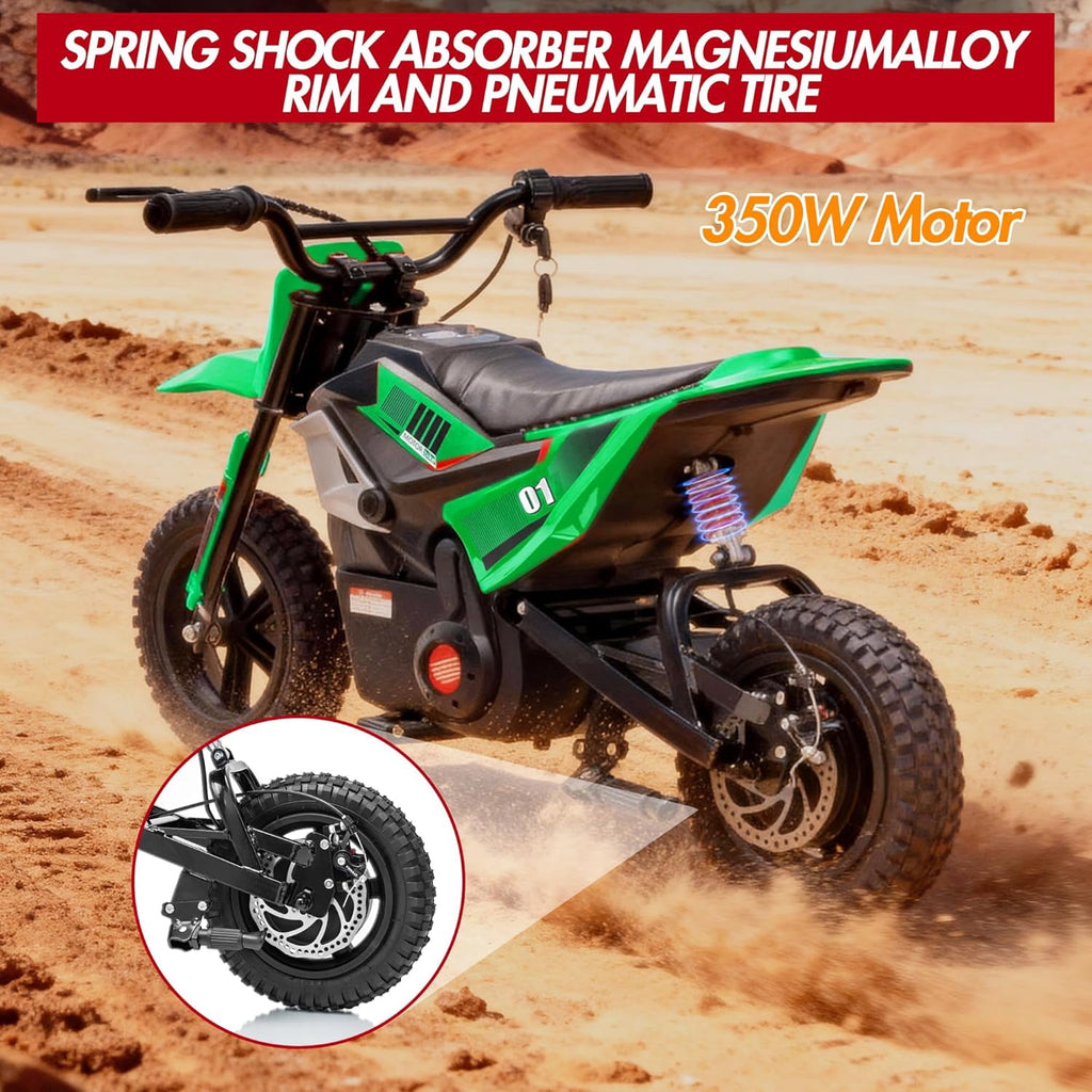Fectiontool 24V Electric Ride-On Motorcycle, 350W Motor, 24V 7Ah Rechargeable Battery, Battery Powered Ride-On Bike, Energy-Efficient Charger Included,Green