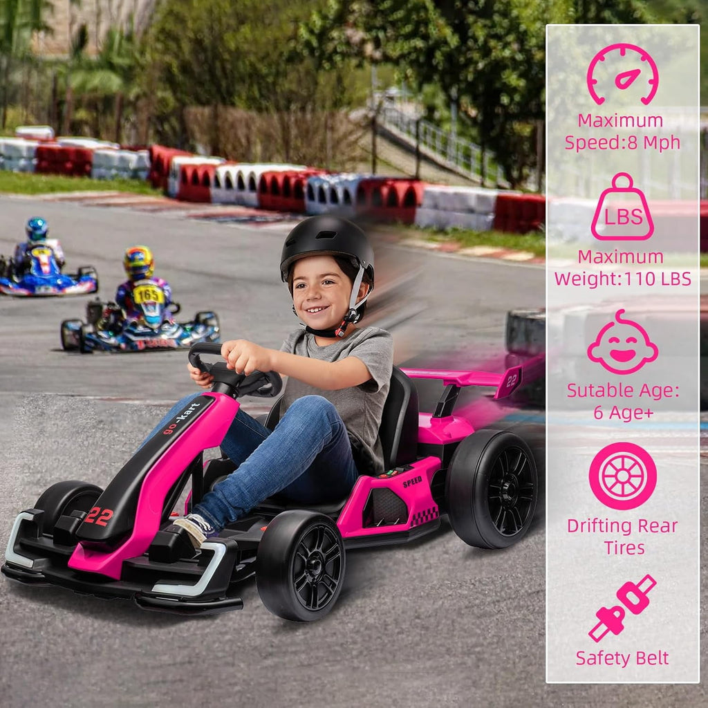 24V Electric Drift Go Kart, Dual 300W Motor Racing Car with Drift & Sport Modes, Adjustable Length, LED Lights, EVA Tires, Up to 8.5MPH, Outdoor Ride On Racing Kart,Rose Red