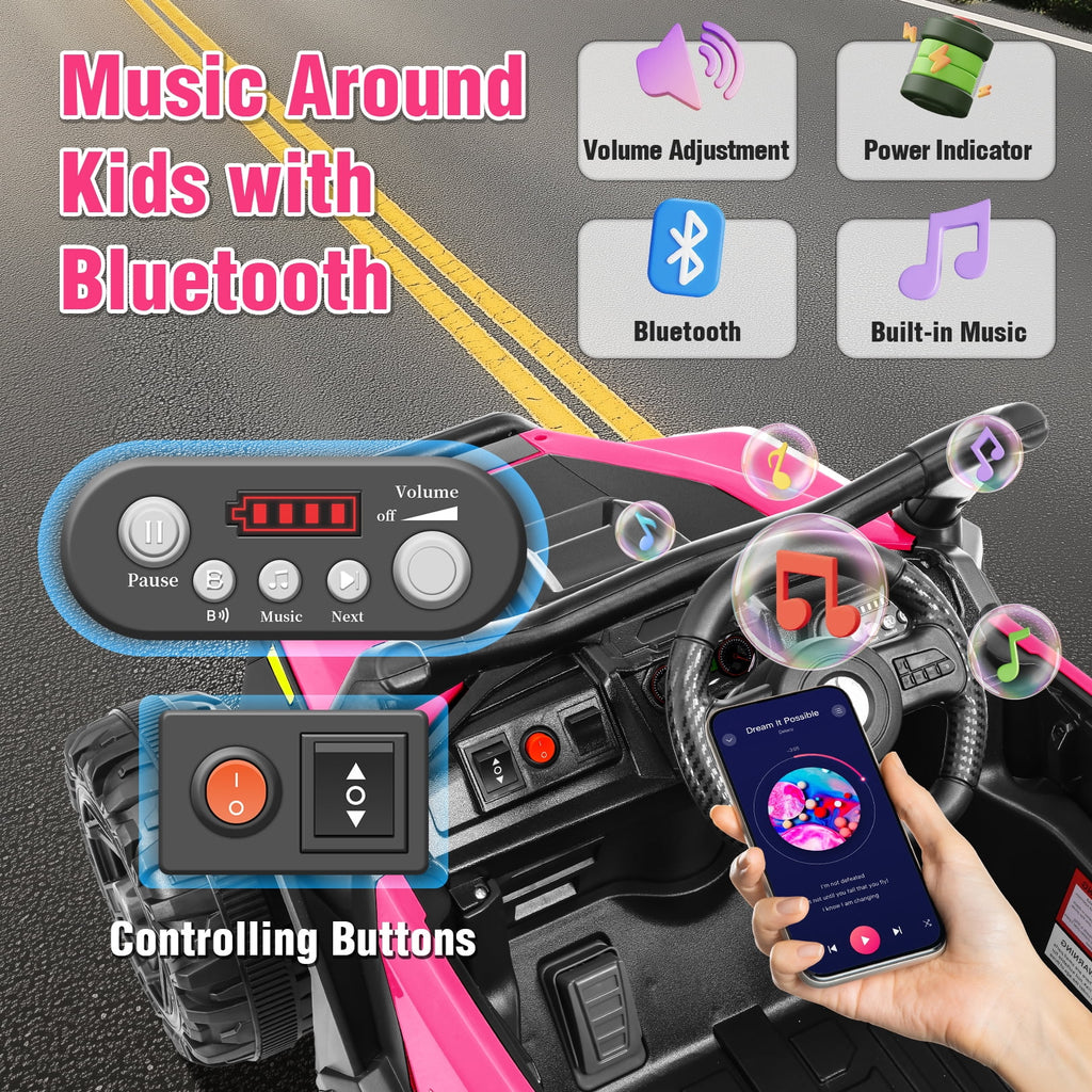 Funcid 24 Volt Ride on Toys with Remote Control & Battery Indicator, 400W Ride on UTV, Electric Car for Kids w/ Bluetooth, Music, LED Lights, Volume Adjustment Knob, 3 Speeds, Pink