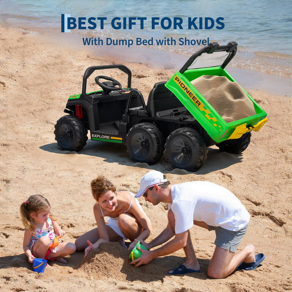 24V 4WD 2-Seater Kids Electric Ride-On Dump Truck – Remote Control, Working Dump Bed, 3 Speed Modes, Music Player, All-Terrain Off-Road Vehicle Toy for Boys & Girls Ages 3-8, Green