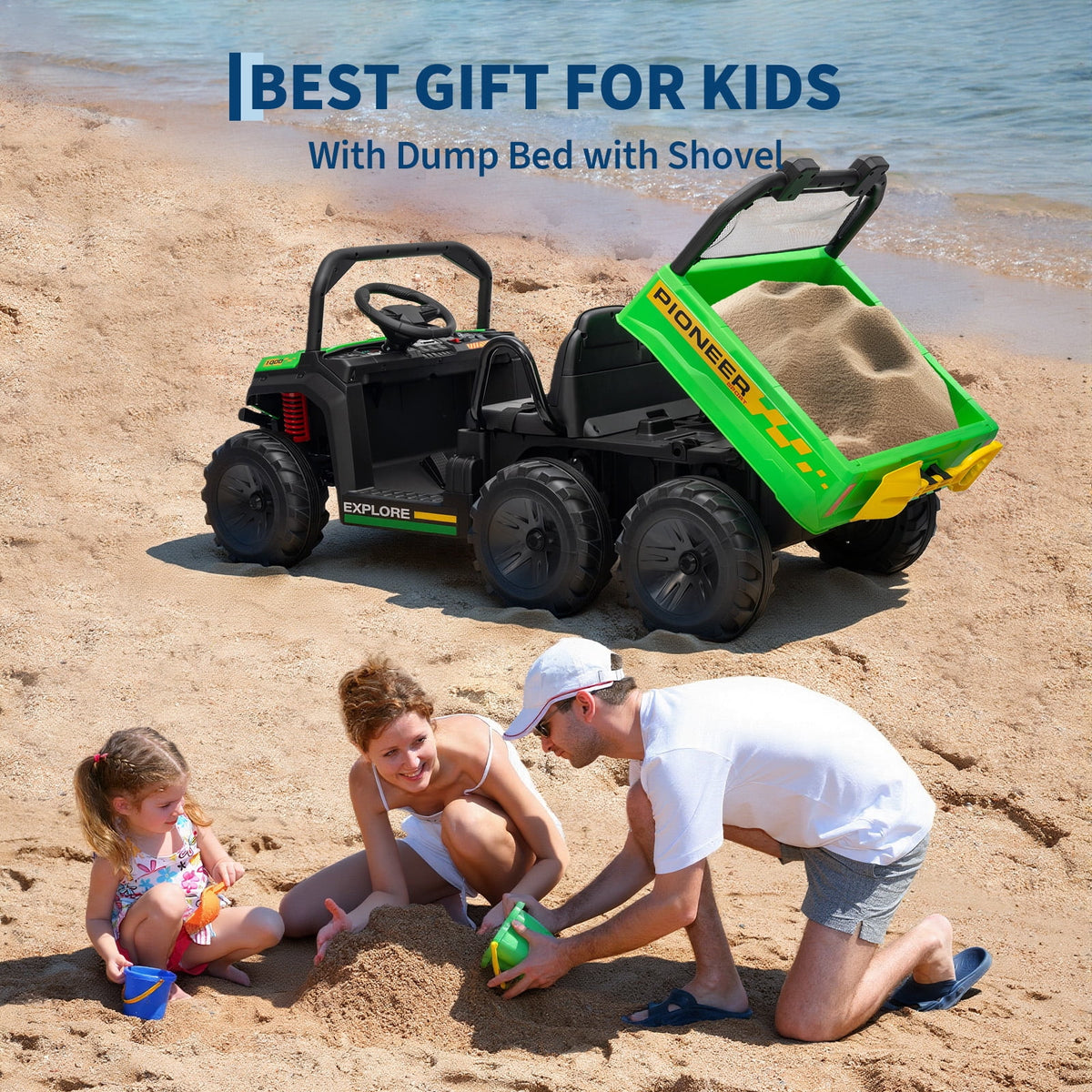 24V 4WD 2-Seater Kids Electric Ride-On Dump Truck – Remote Control, Working Dump Bed, 3 Speed Modes, Music Player, All-Terrain Off-Road Vehicle Toy for Boys & Girls Ages 3-8, Green