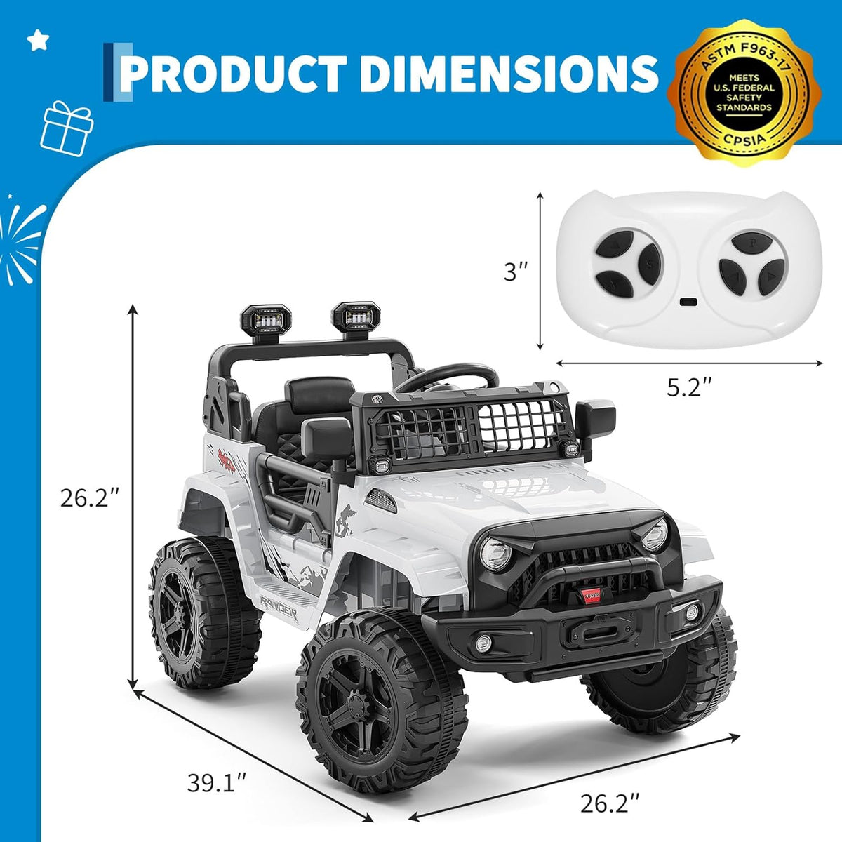 12V Electric Ride On Car with Remote Control, Off Road Ride On Vehicle with Bluetooth, LED Lights, Spring Suspension, Adjustable Seat Belt, All Terrain Tires, 61 lbs Capacity