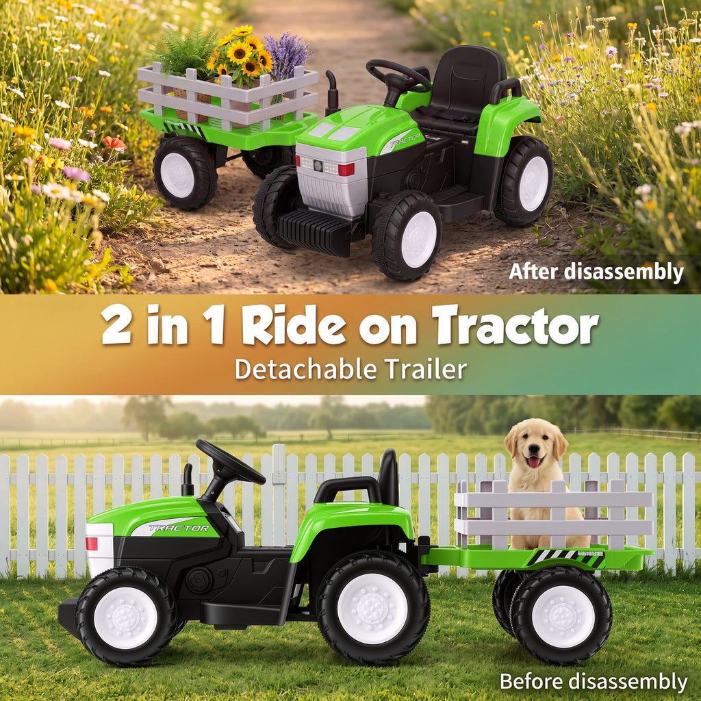 Farmdex 24V Ride on Tractor with Detachable Trailer, Ride on Toys for Kids w/ Remote Control, Electric Cars for Kids, LED Lights, Bluetooth, Music, MP3, Green