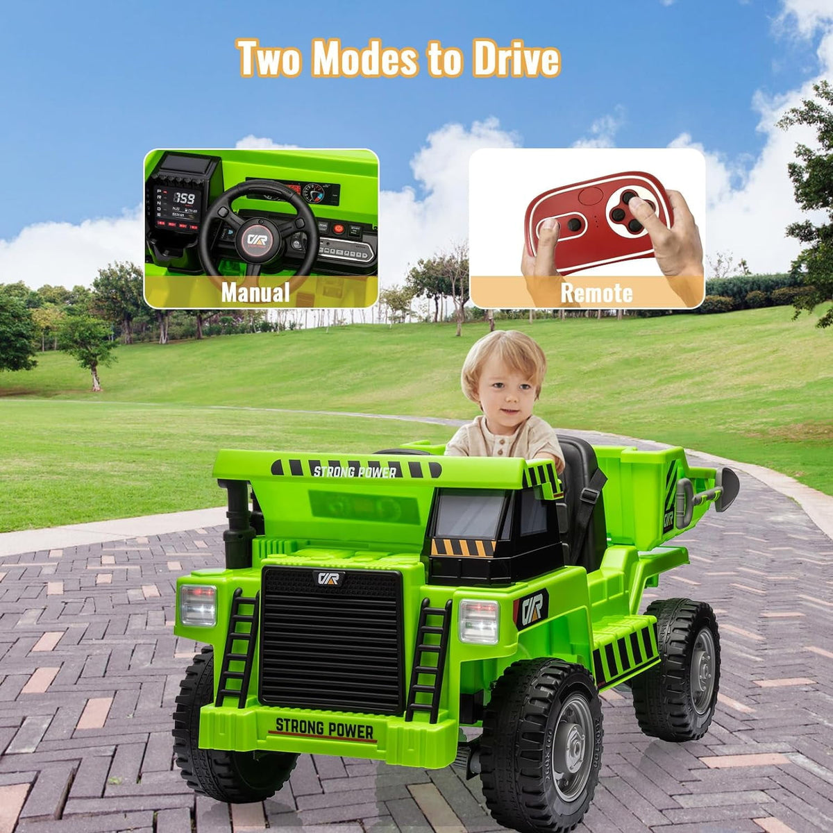 12V Electric Ride-On Dump Truck, Dual 35W Motors, 11 Inch Wear-Resistant Tires, Remote & Manual Dual Modes, Auto Lifting Dump Bed, Bluetooth Music & USB Port, 66 LBS Max Load,Green