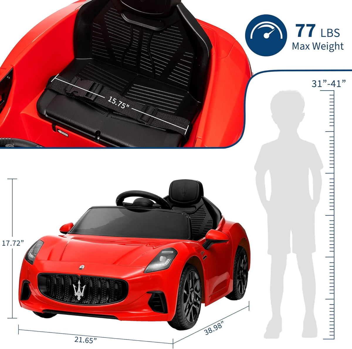 12V Licensed Maserati Ride-On Electric Car, Remote Control, 4.5Ah Battery, LED Lights, Spring Suspension, Double Doors, USB, FM Radio, 2-3 MPH