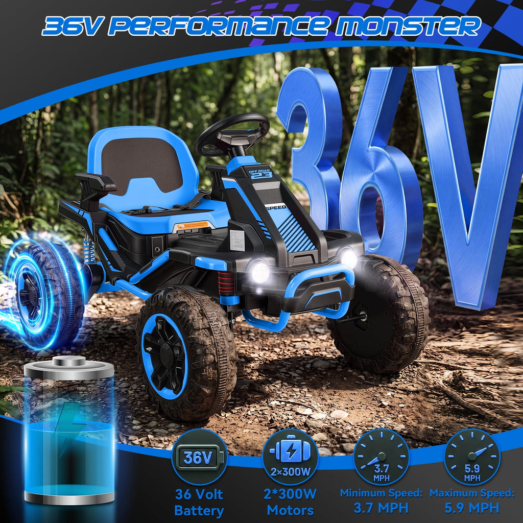 VIBESPARK 36V Ride on Toys for Big Kids Ages 6-12, 600W Ride on Cars up to 5.9 mph, Powerful 4 Wheeler Quad, Ride on ATV W/ Adjustable Seat, Ball-bearing Design, Power Display, Light Control, Blue