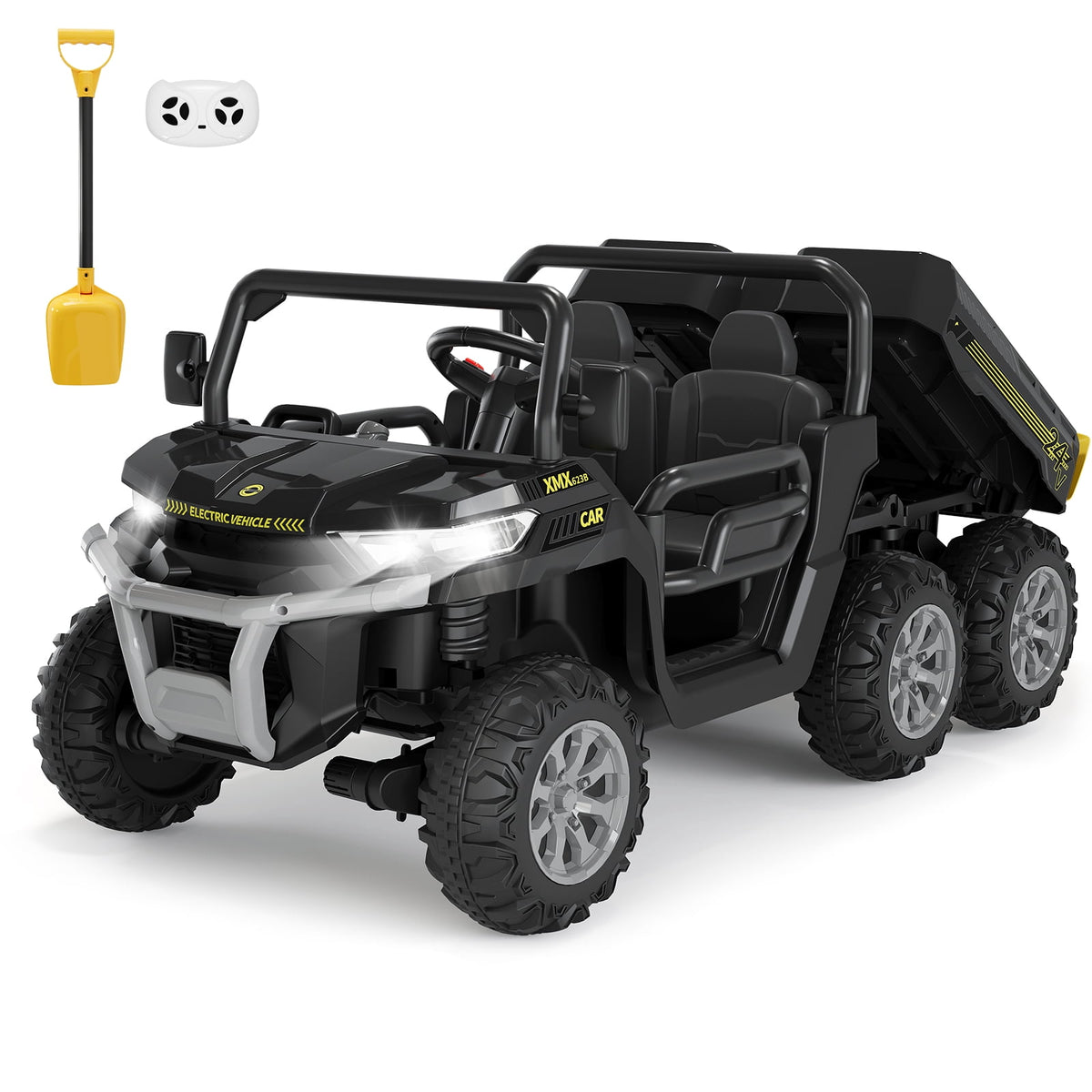 24V 2-Seater 6-Wheel Electric Dump Truck Ride-On for Kids – 4WD UTV Car, Remote Control, Electric Dump Bed, Music, Horn, Industry Standard/CPSIA Certified, Power Ride-On Toy for Boys & Girls