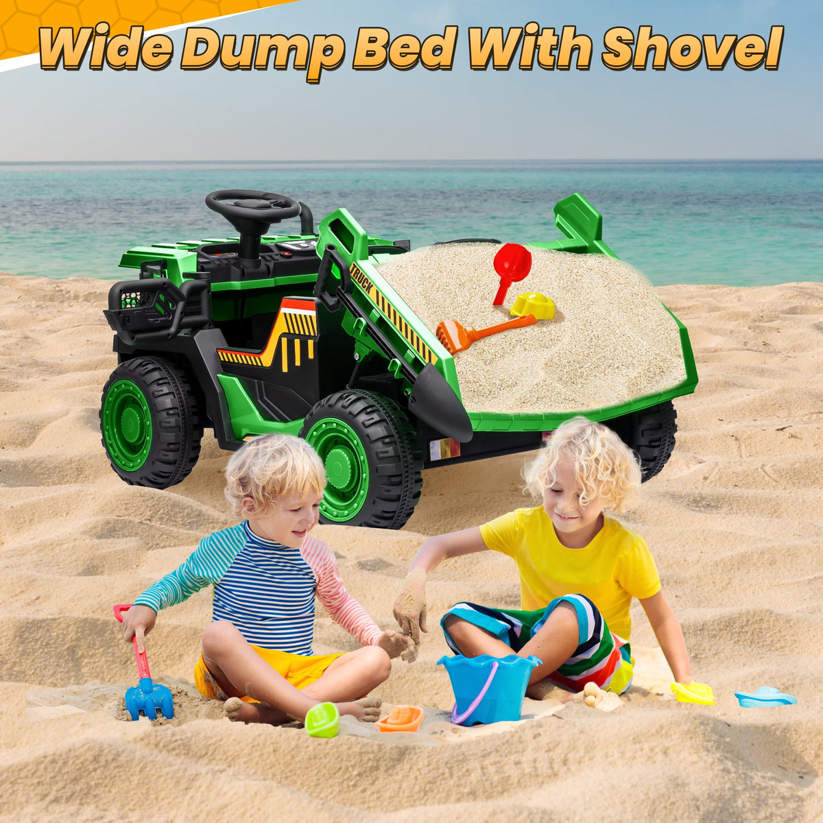 24 Volt Ride on Toys w/ Remote Control, 2*200W Strong Motor, Electric Powered Ride on Dump Truck with Shovel, 3 Speeds, LED Lights, MP3/USB Music, Blue