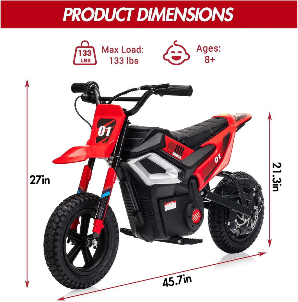 24V Electric Dirt Bike, 350W Ride-On Motorcycle with Rear Suspension, Twist-Grip Throttle, 12-Inch Rubber Tires, 13.67 MPH, 132 Lbs