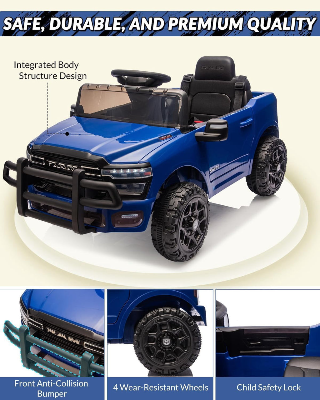 12V Licensed RAM Ride-On Pickup Truck, Electric Ride-On Car with Remote Control, 4-Wheel Suspension, Double Doors, LED Lights, Music, USB & AUX