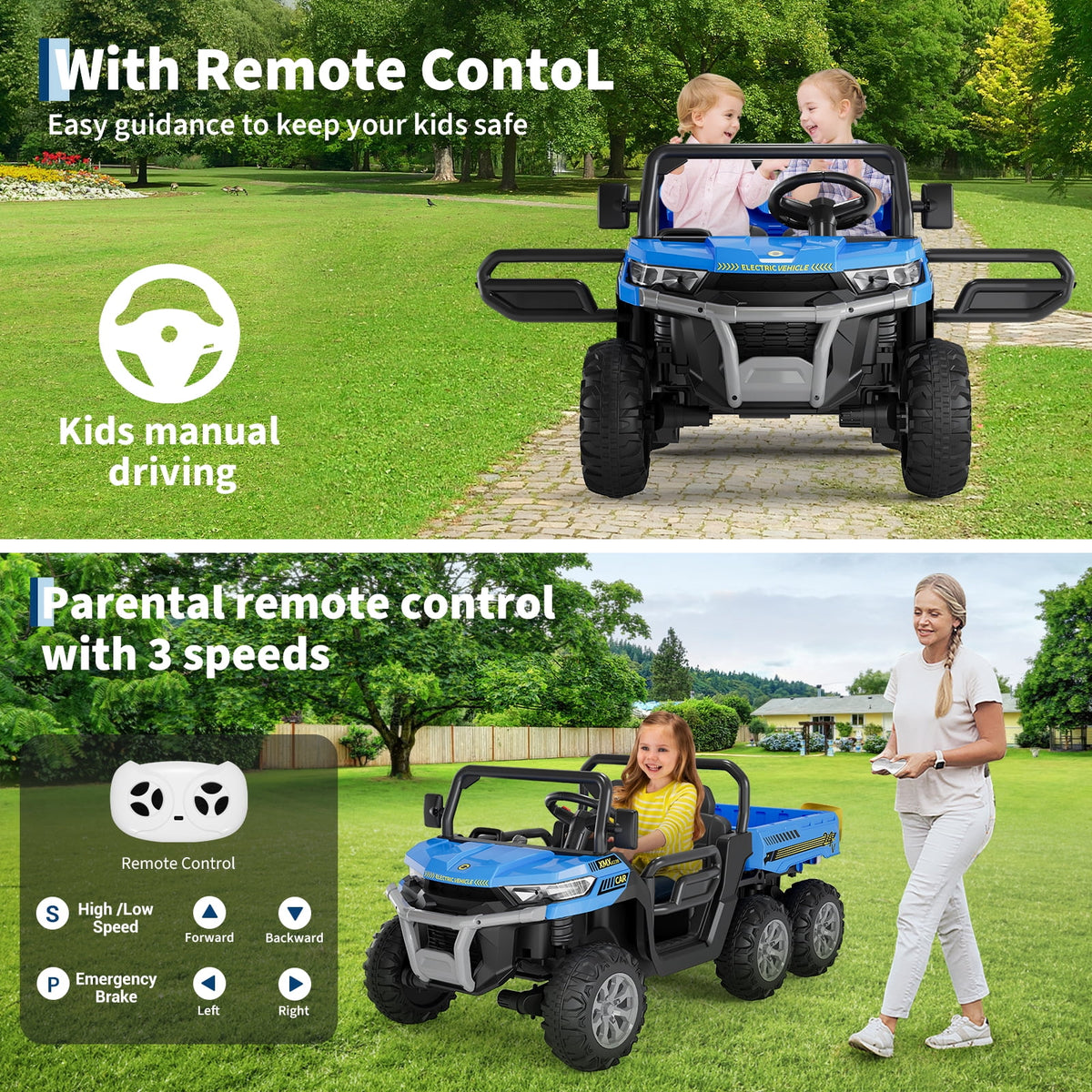 24V 2-Seater 6-Wheel Electric Dump Truck Ride-On for Kids – 4WD UTV Car, Remote Control, Electric Dump Bed, Music, Horn, Industry Standard/CPSIA Certified, Power Ride-On Toy for Boys & Girls